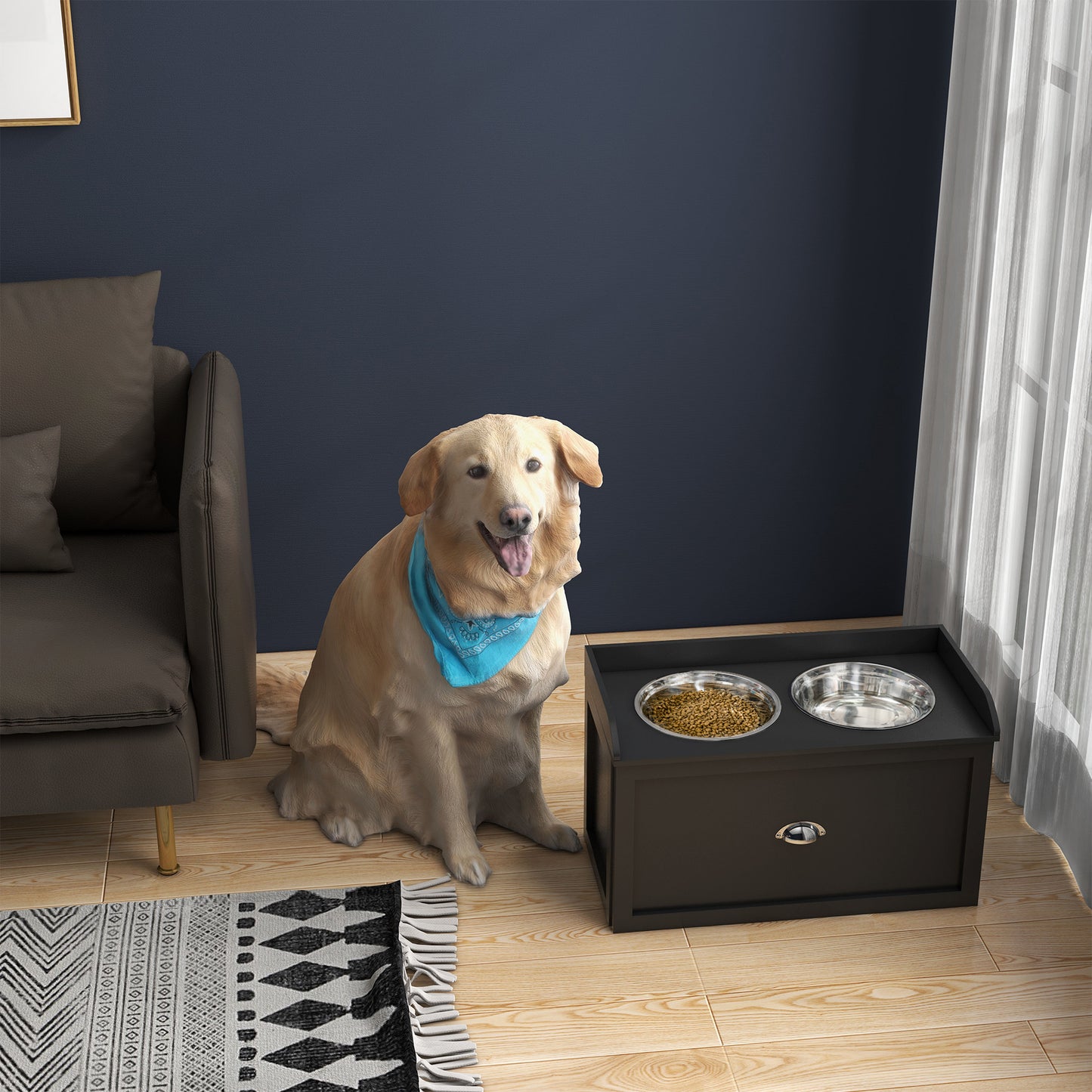 Black raised dog feeder with stainless steel bowls one filled with kibble