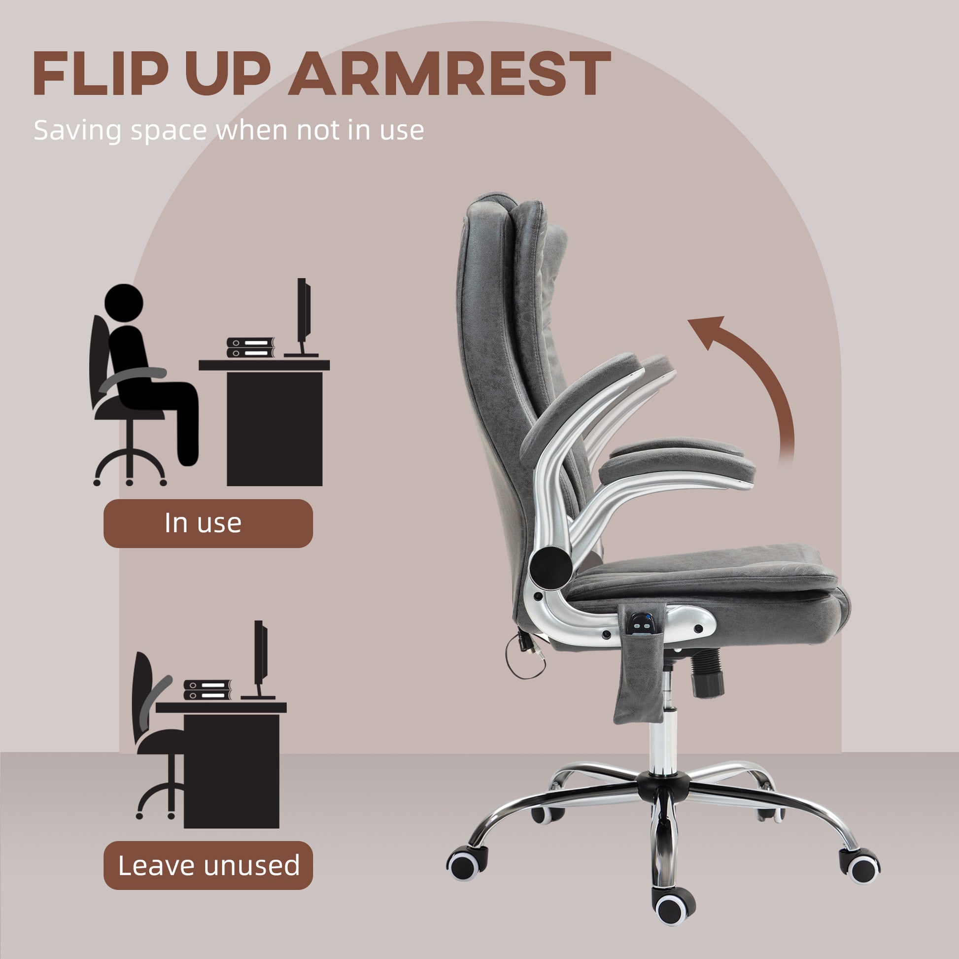 Gray executive office chair with flipup armrests for saving space