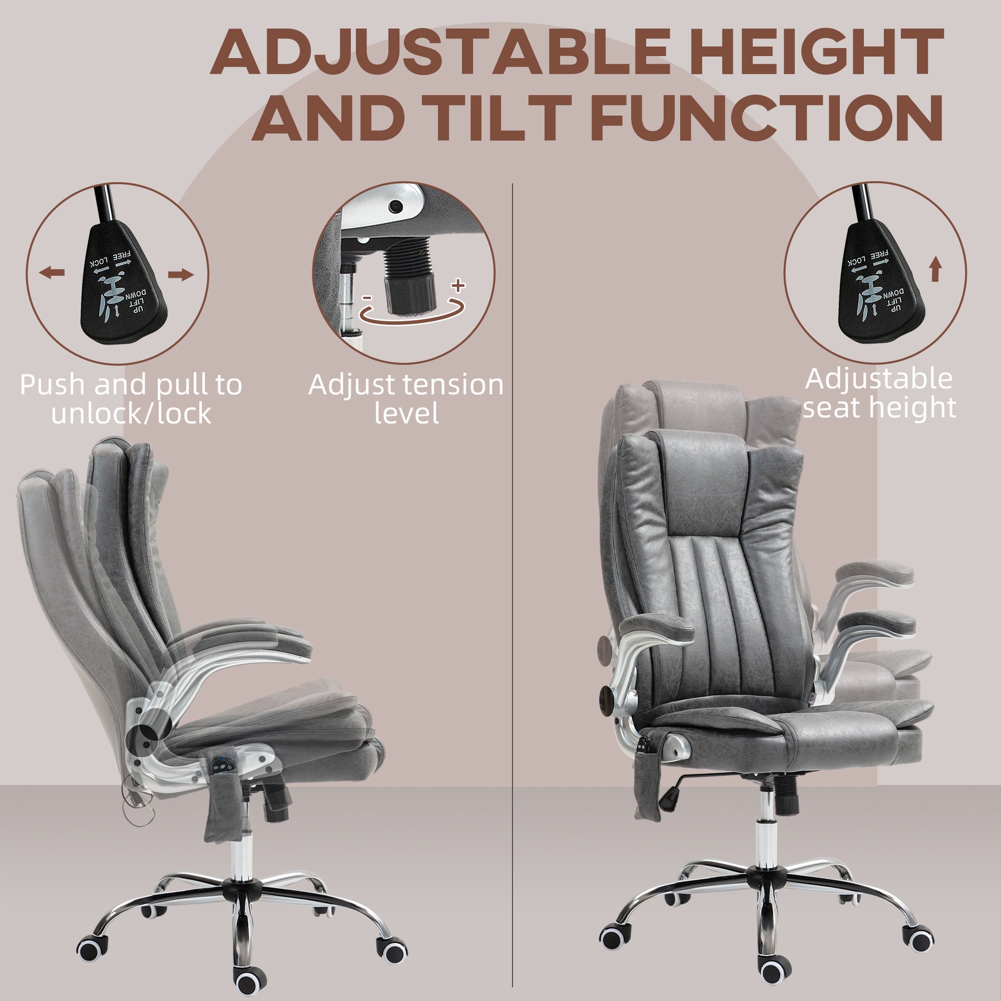 Grey executive office chair with adjustable seat height and tilt function