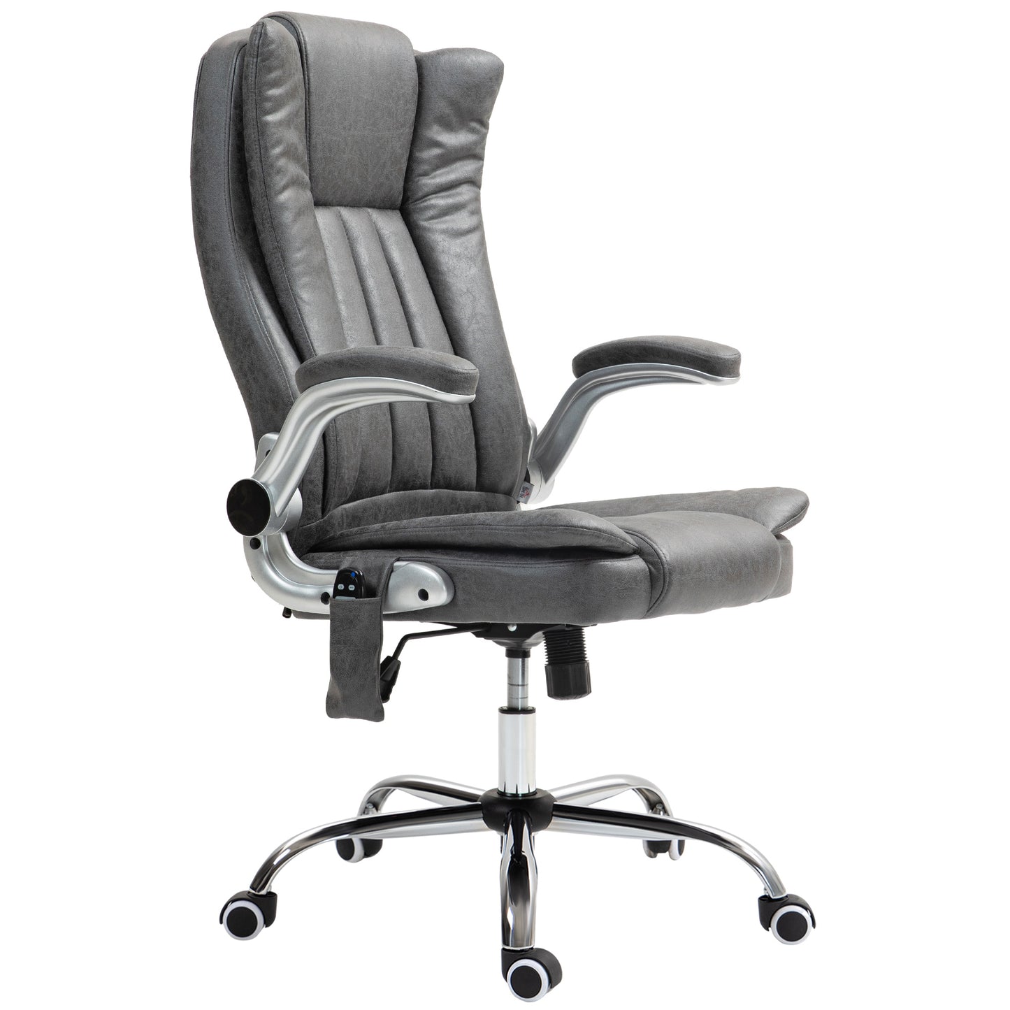 Dark gray executive office chair with plush cushioning and silver armrests ideal for home offices