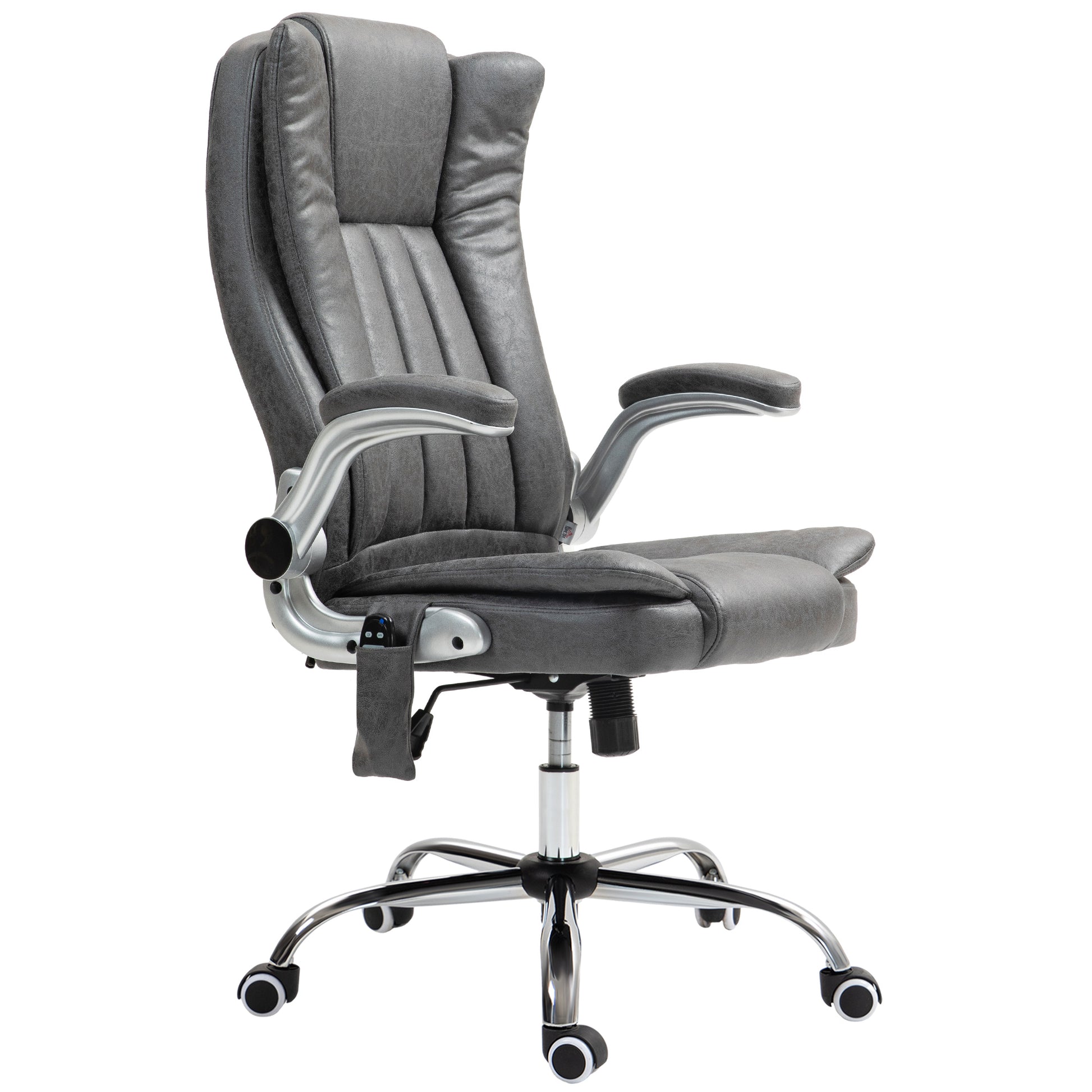Dark gray executive office chair with plush cushioning and silver armrests ideal for home offices