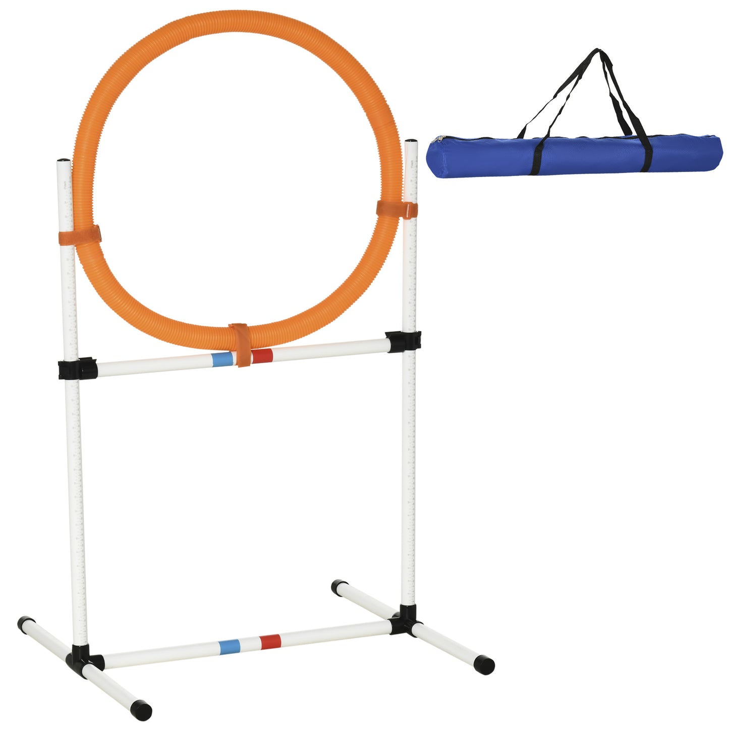Orange dog agility jump ring and stand with blue carry bag