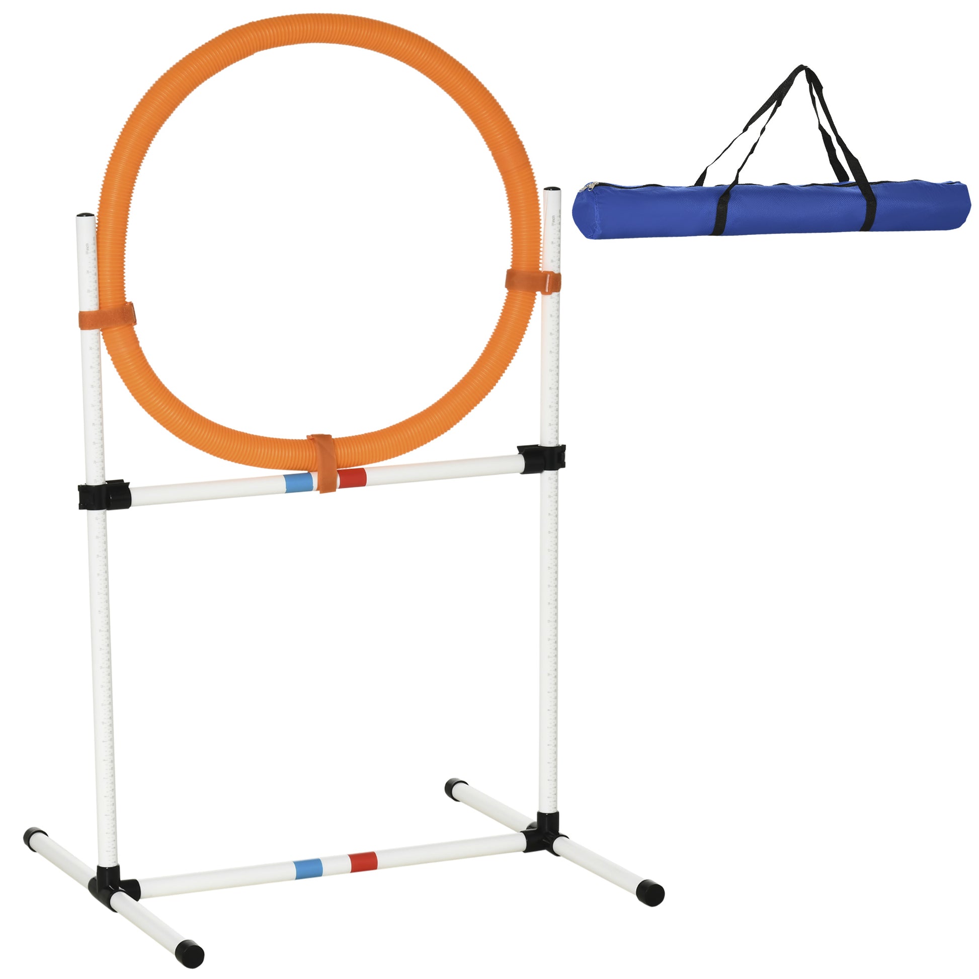 Orange dog agility jump ring and stand with blue carry bag
