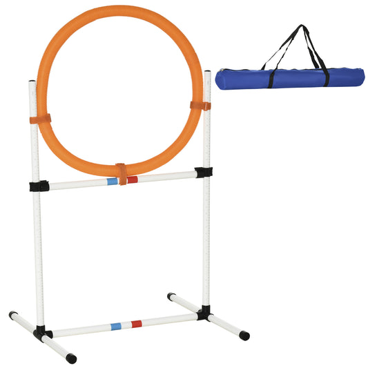 Orange dog agility jump ring and stand with blue carry bag