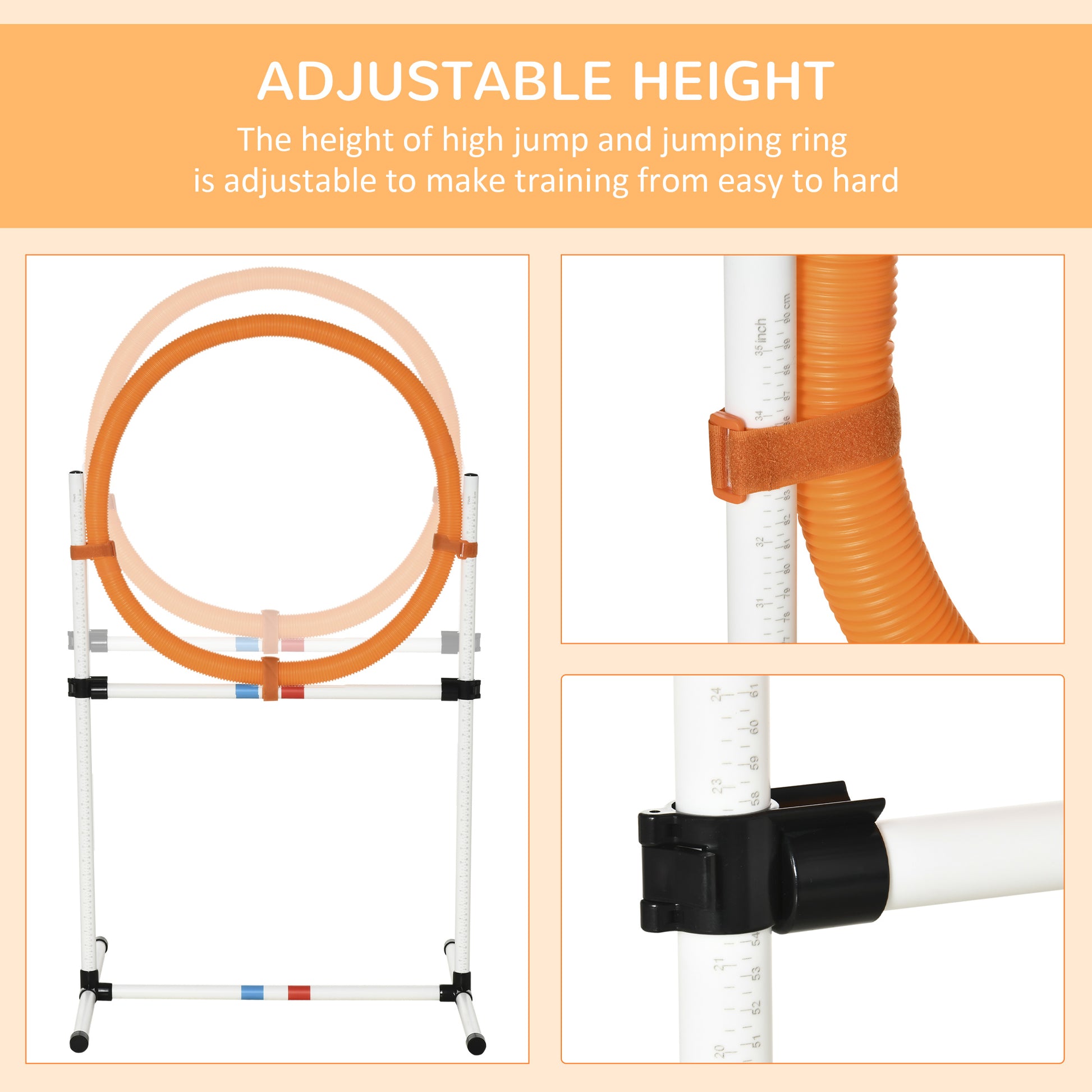 Adjustable dog agility jump ring and training equipment with height markings