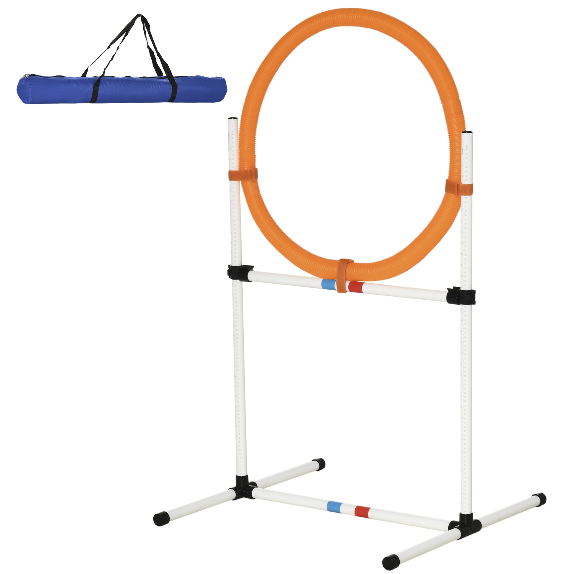 Orange dog agility jump hoop with adjustable height poles and storage bag