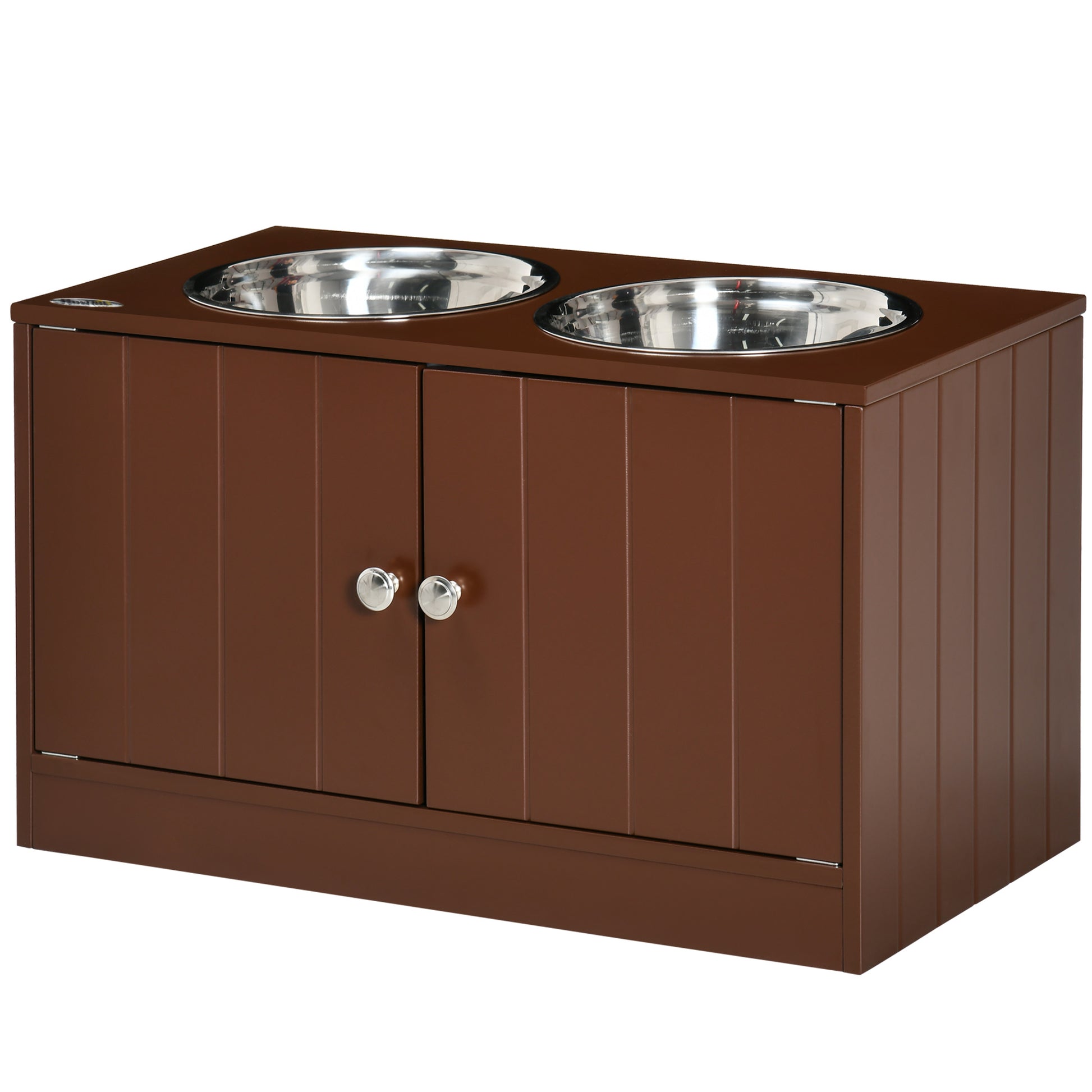 Brown wooden raised dog feeder with two stainless steel bowls elegant design
