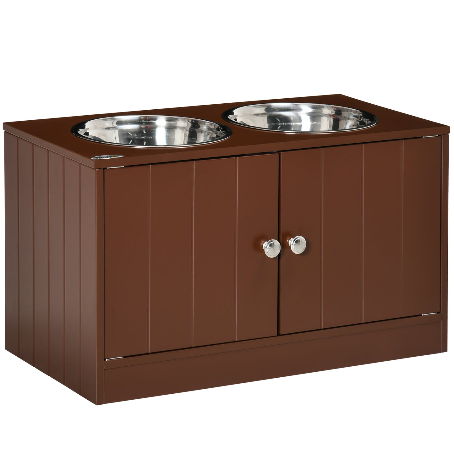 Brown wooden elevated dog feeder with two stainless steel bowls