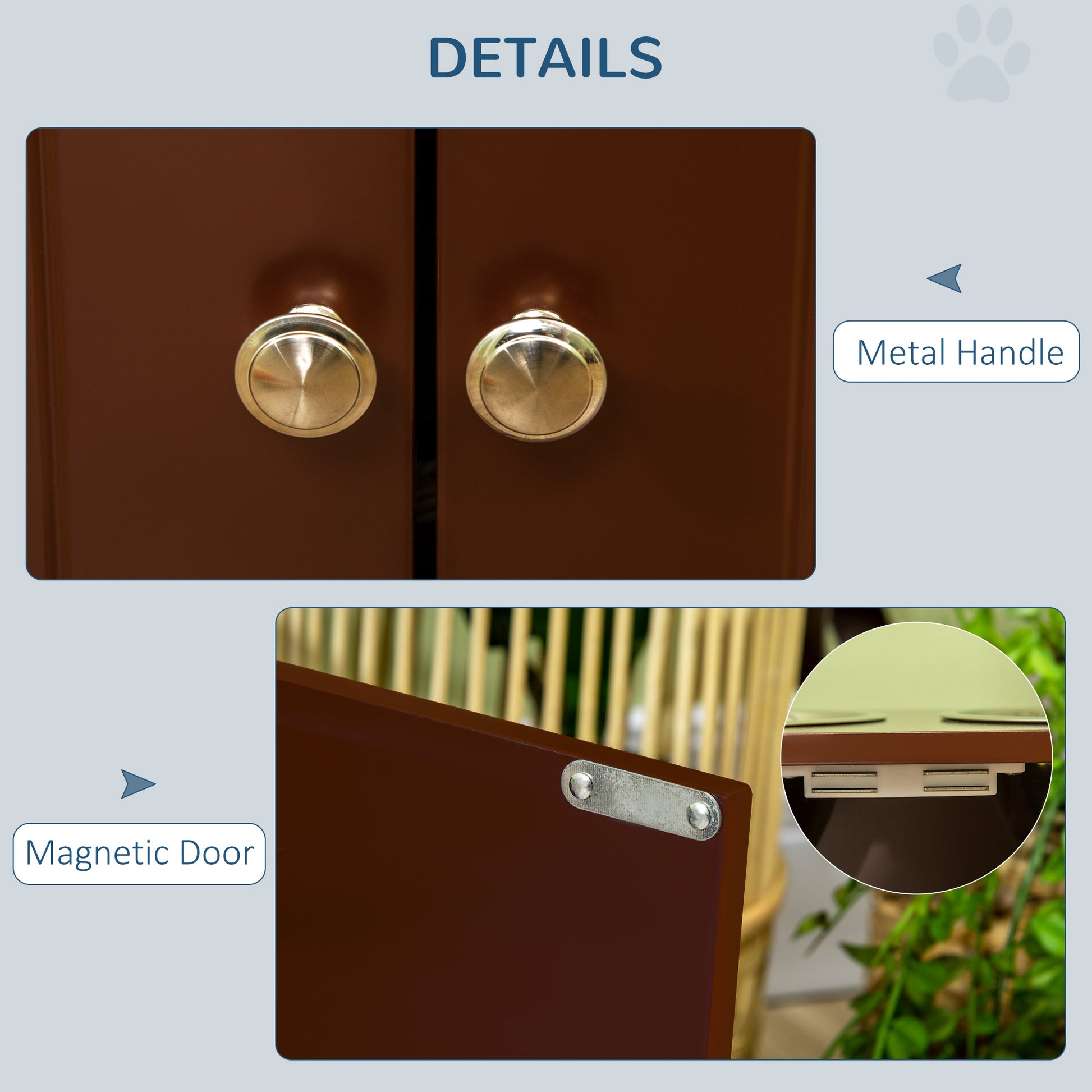 Closeup of two round brushed brass metal handles on dark brown cabinet doors