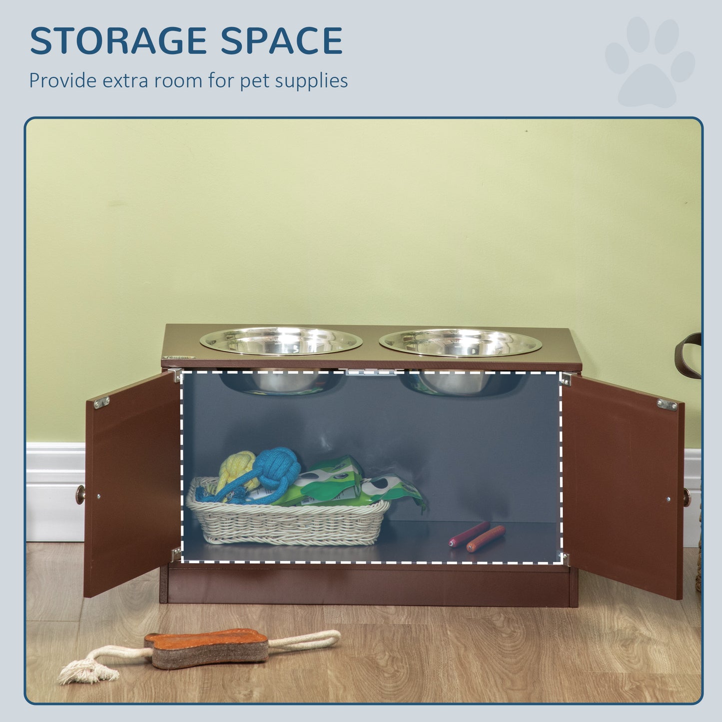 Brown wooden pet feeder with storage cabinet and two stainless steel bowls
