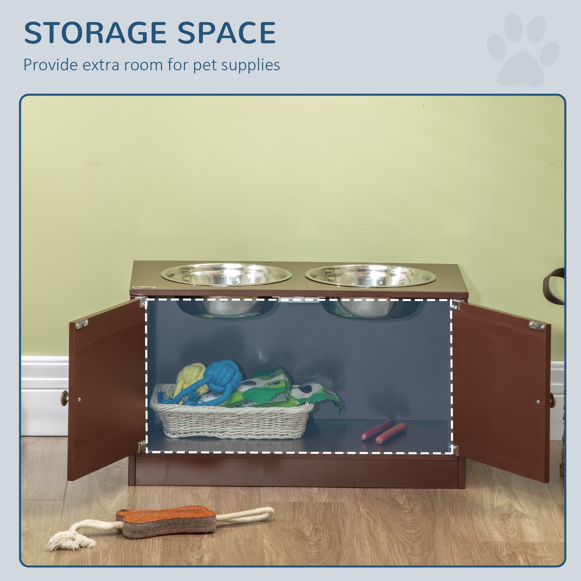 Brown wooden pet feeder with storage cabinet and two stainless steel bowls
