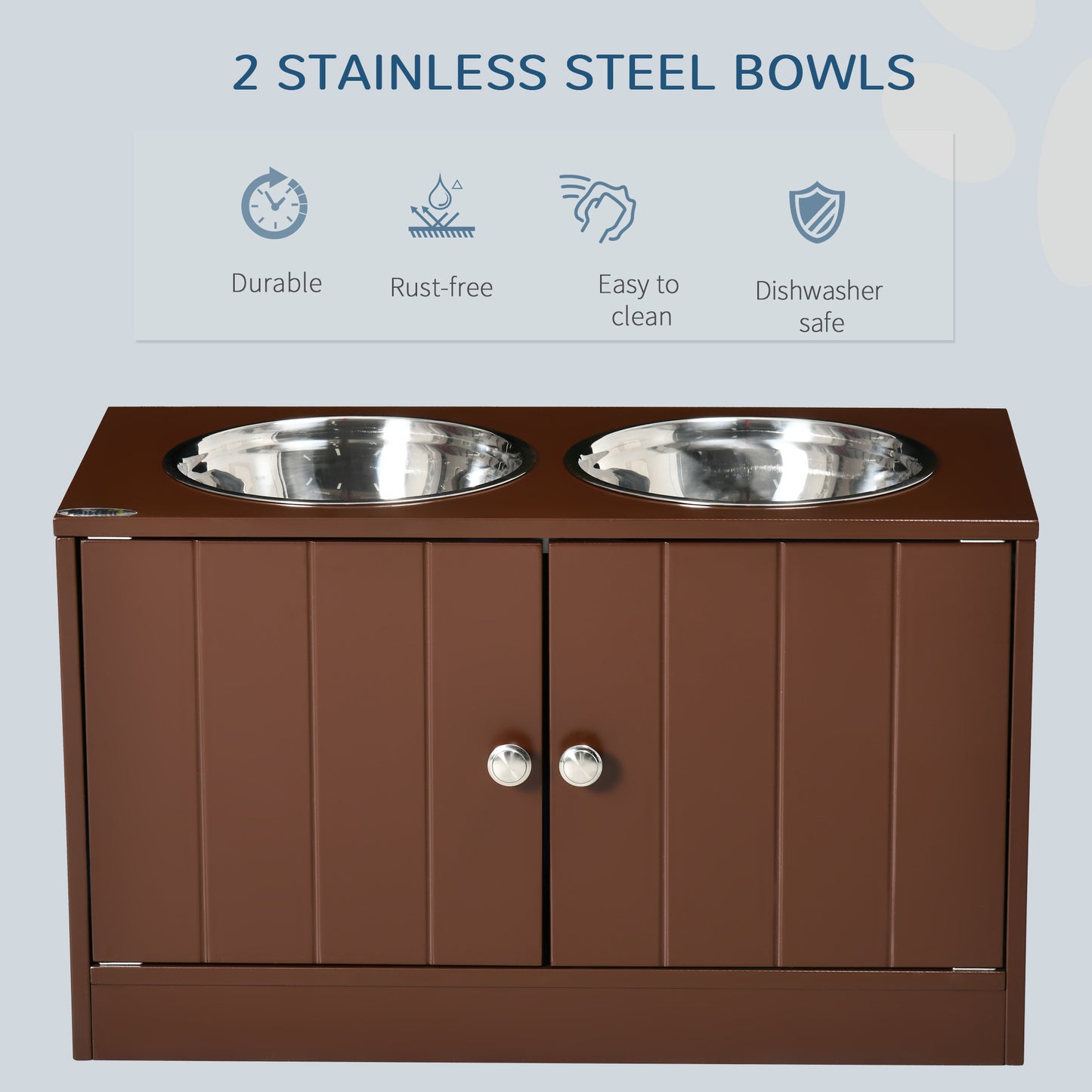 Brown wooden dog bowl stand with two removable stainless steel bowls