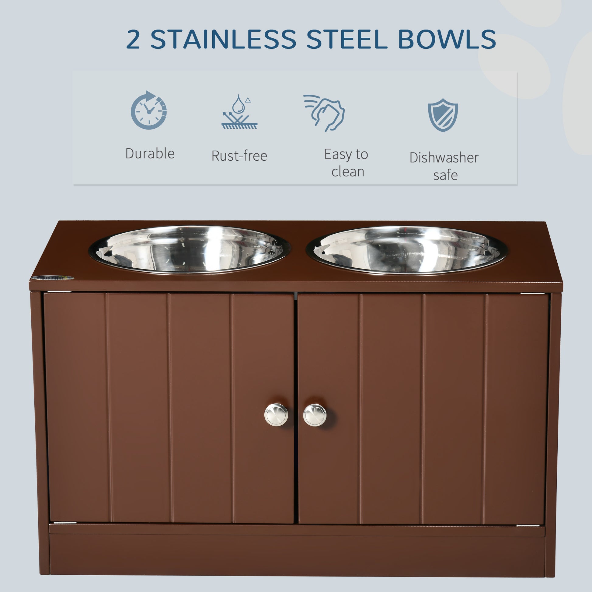 Brown wooden dog bowl stand with two removable stainless steel bowls