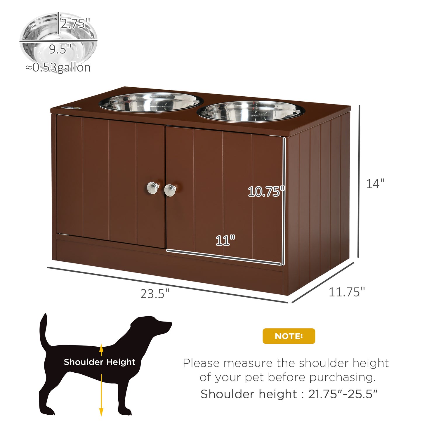 Brown wooden pet feeder with two stainless steel bowls and storage cabinet