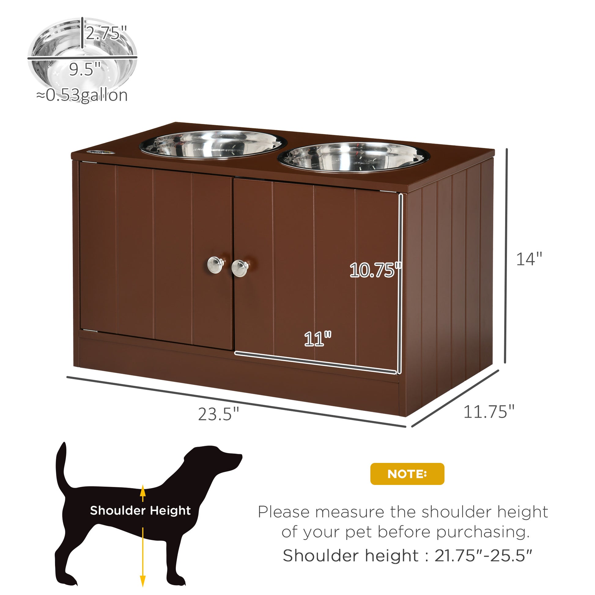 Brown wooden pet feeder with two stainless steel bowls and storage cabinet
