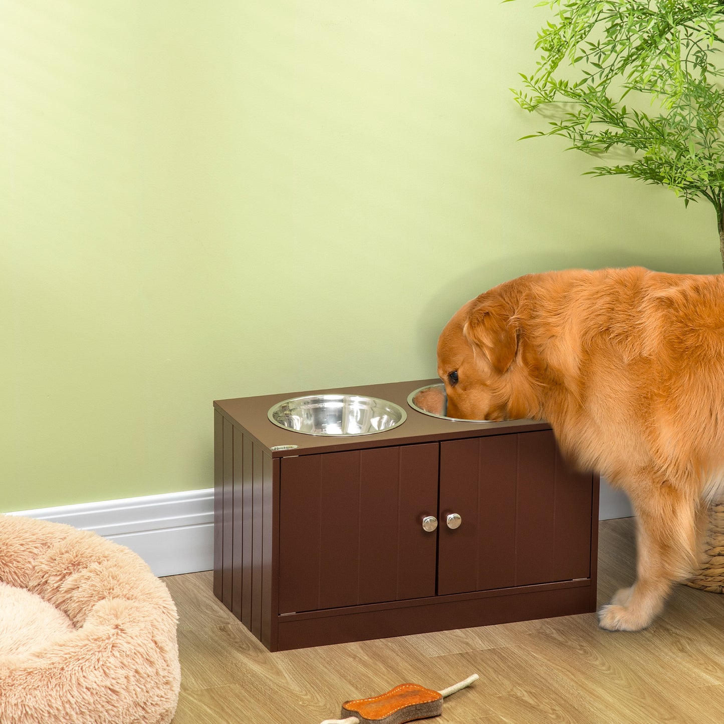Brown wooden dog feeding station with two stainless steel bowls