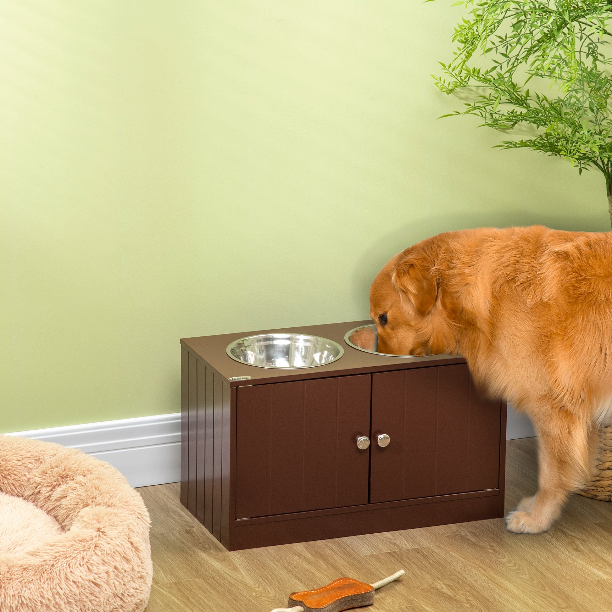 Brown wooden dog feeding station with two stainless steel bowls