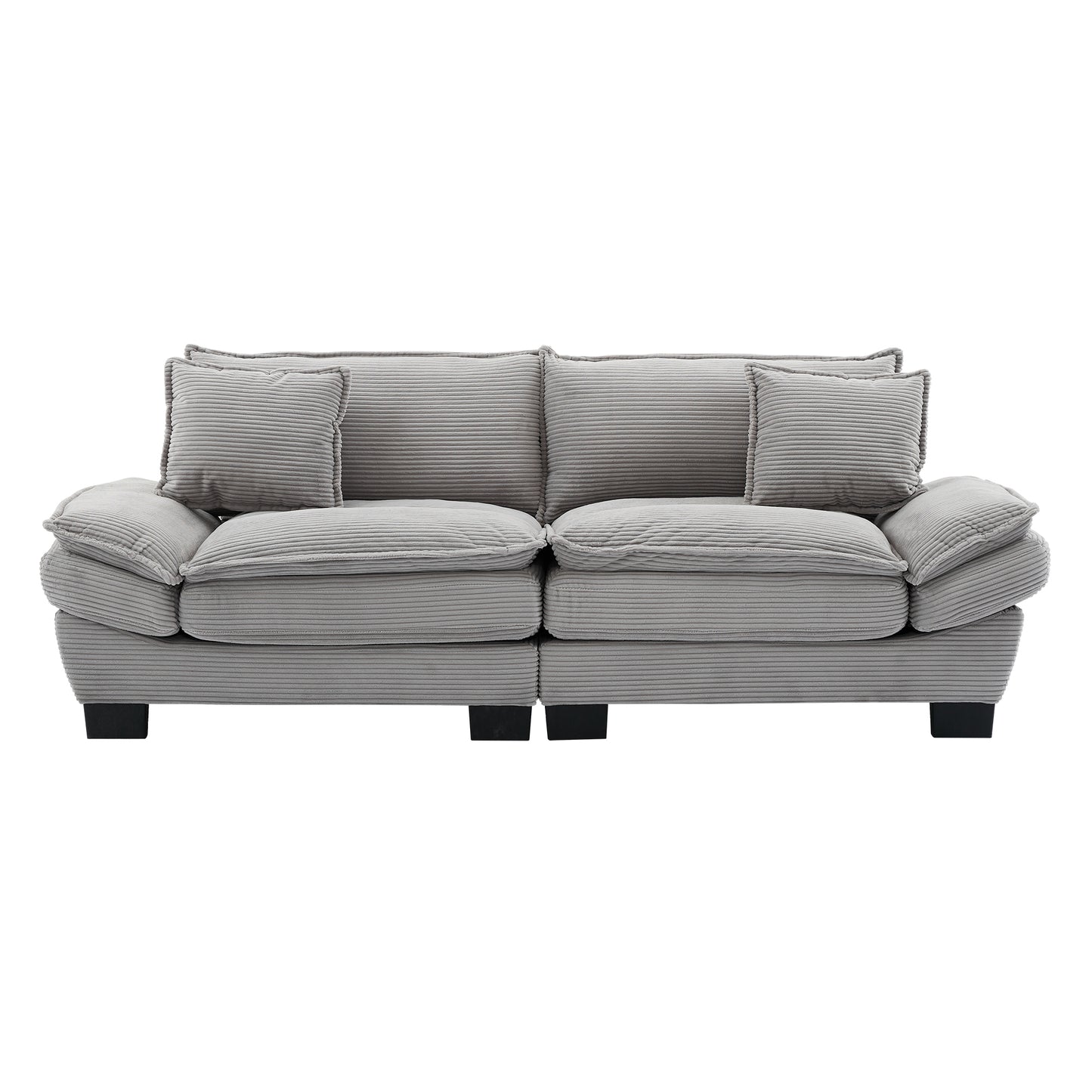 Grey corduroy sofa with plush cushions and two accent pillows ideal for living room comfort