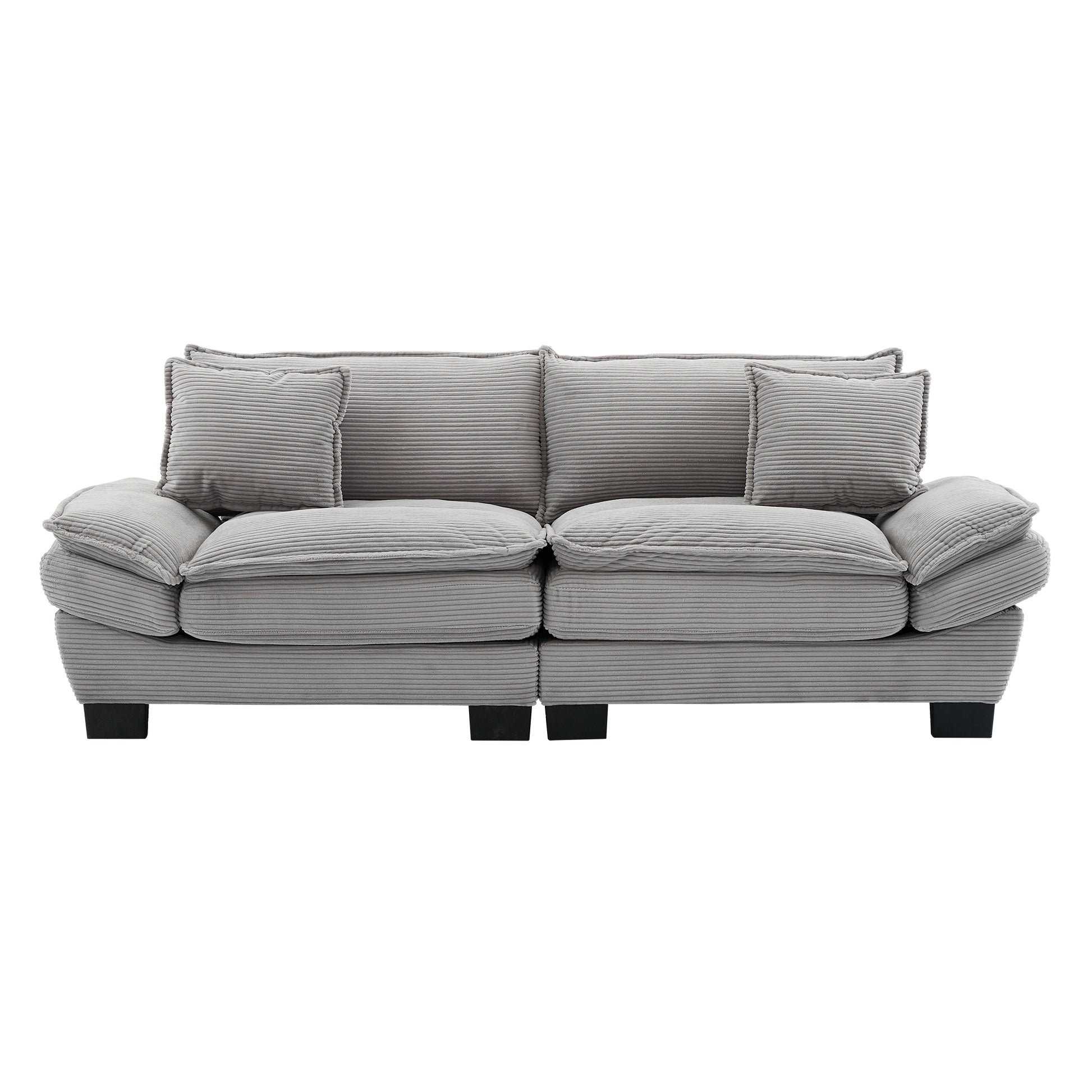 Grey corduroy sofa with plush cushions and two accent pillows ideal for living room comfort