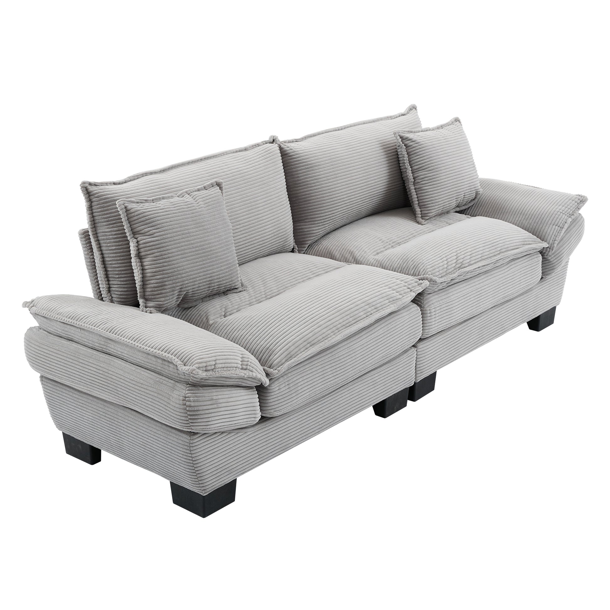 Light gray corduroy sofa with plush cushions and accent pillows perfect for modern living rooms