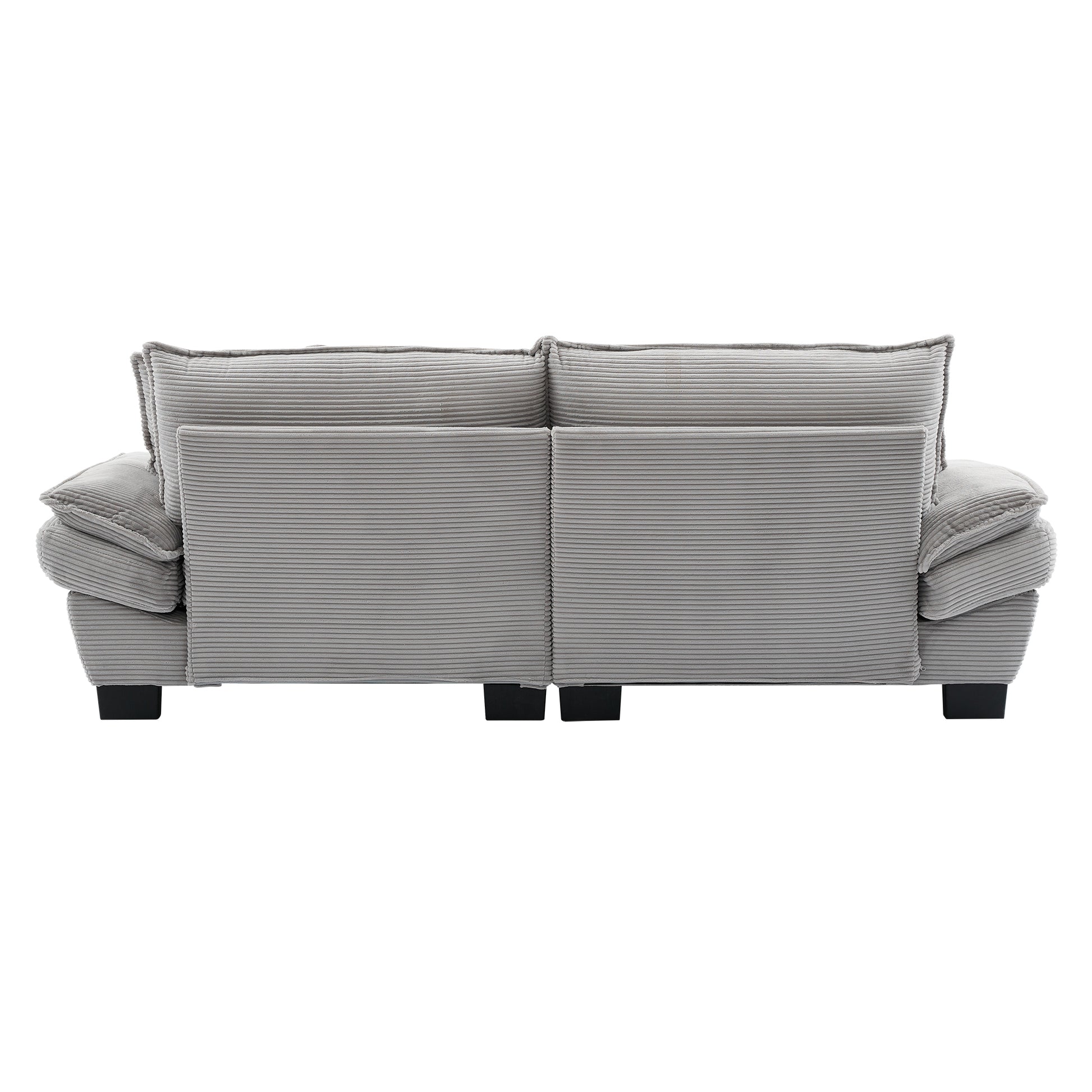 Back view of a plush grey corduroy twoseater sofa with ample cushioning