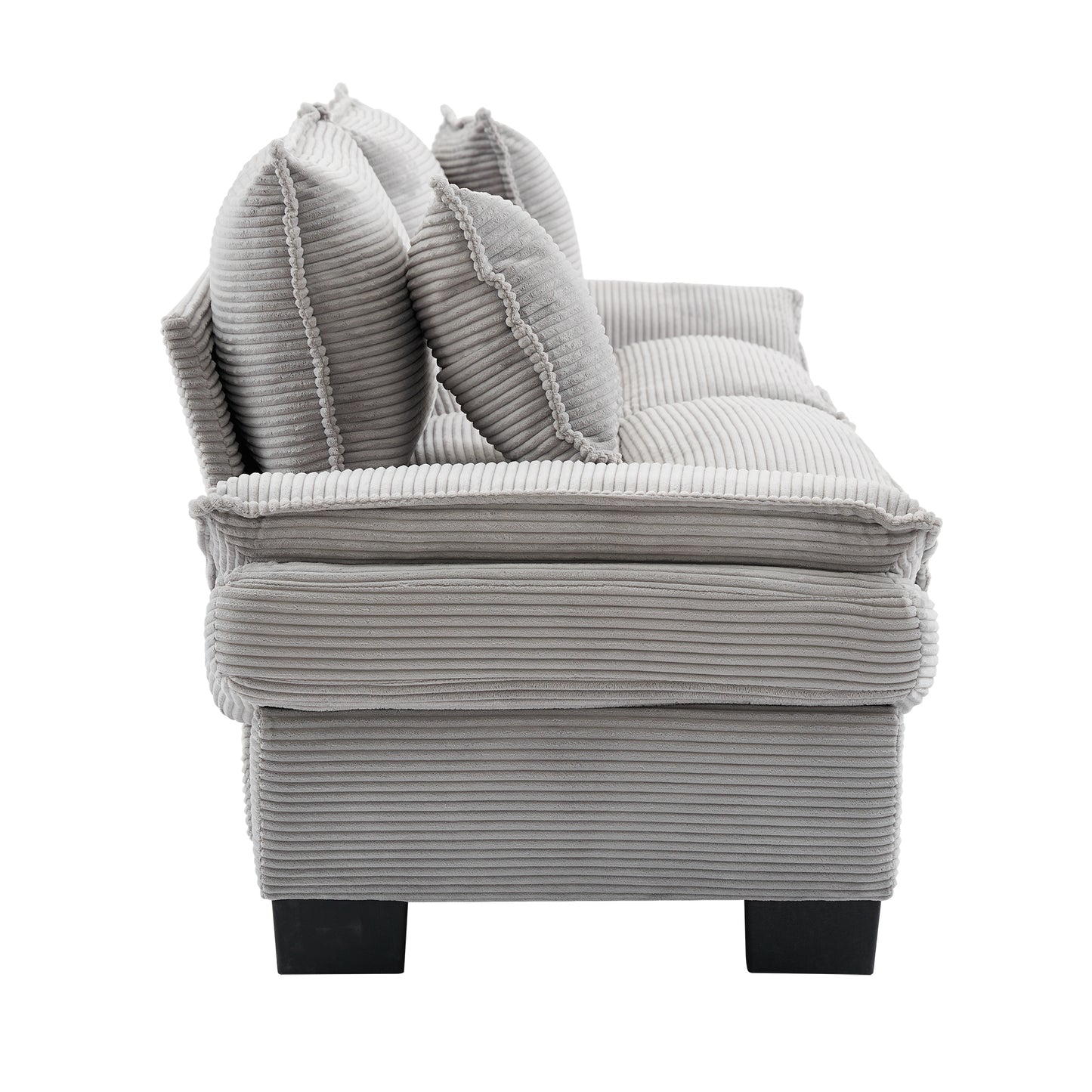 Gray corduroy sofa with plush throw pillows for ultimate comfort