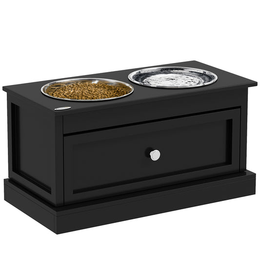 Black wooden pet feeder with elevated stainless steel bowls for food and water
