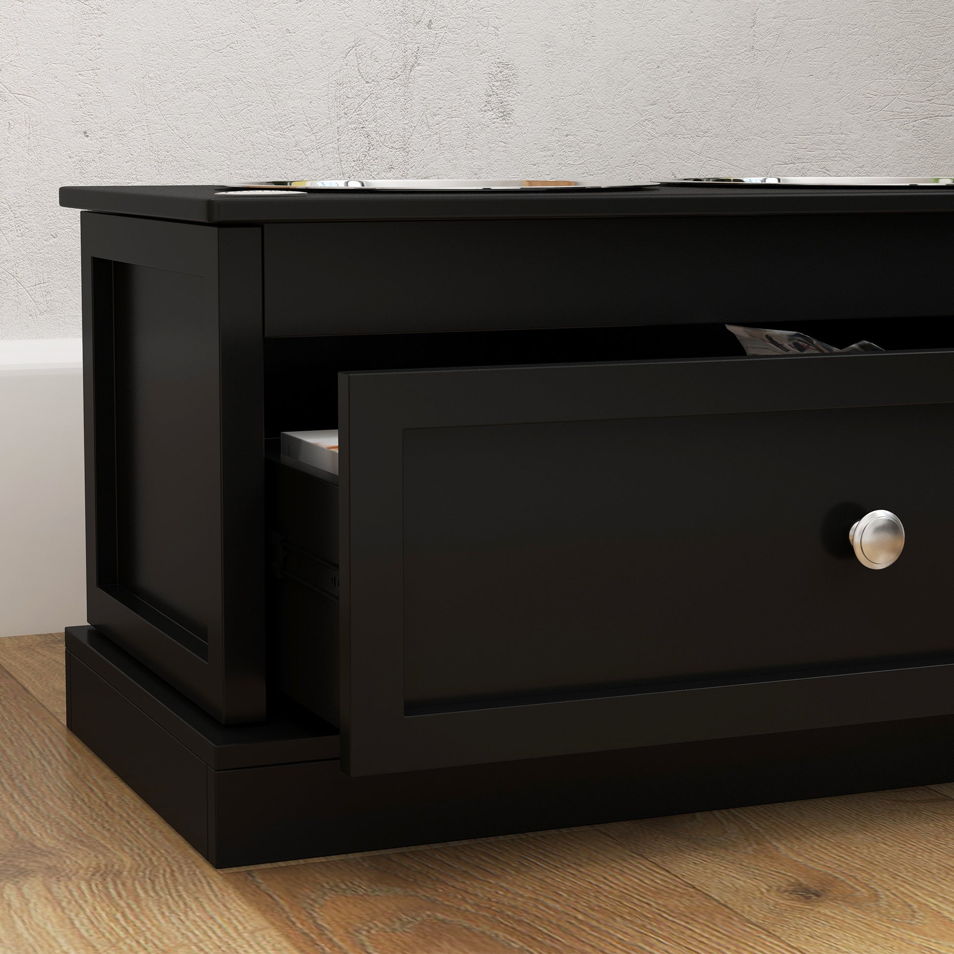 Sleek black wooden nightstand with one open drawer showcasing a modern design