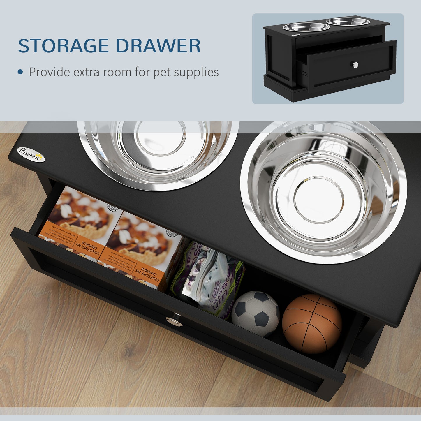 Black wooden pet bowl stand with storage drawer holding pet food and toys