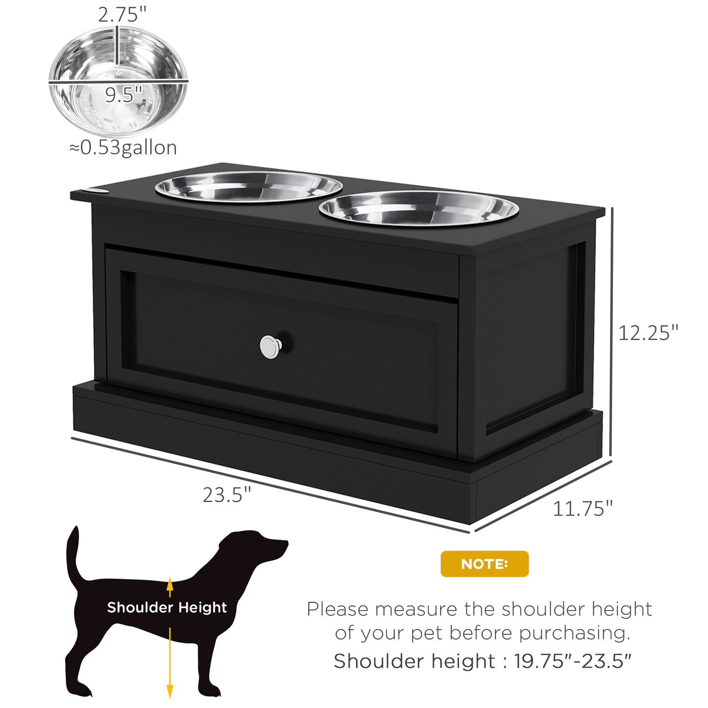 Black wooden elevated dog feeder with two stainless steel bowls and storage drawer