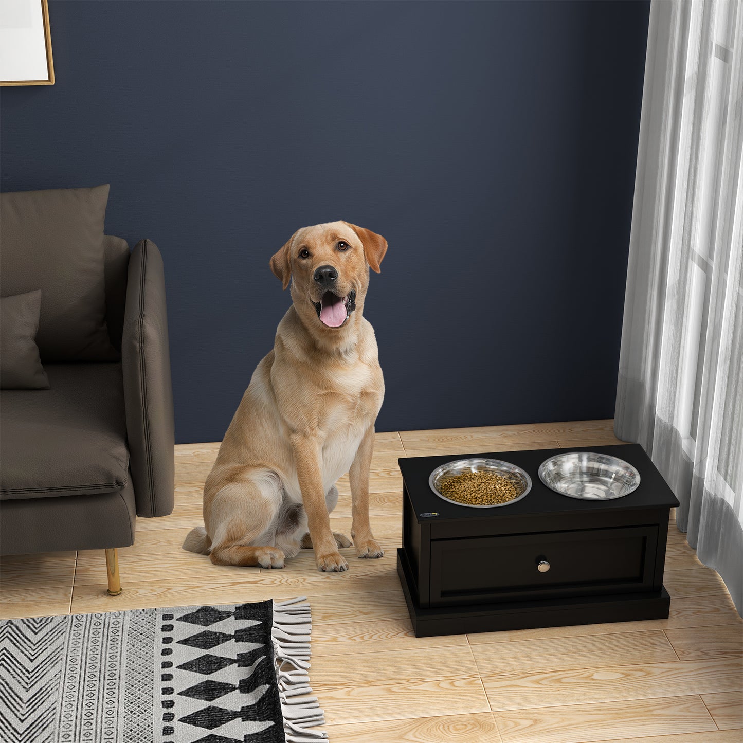 Black wooden elevated dog feeder with two stainless steel bowls one filled with kibble