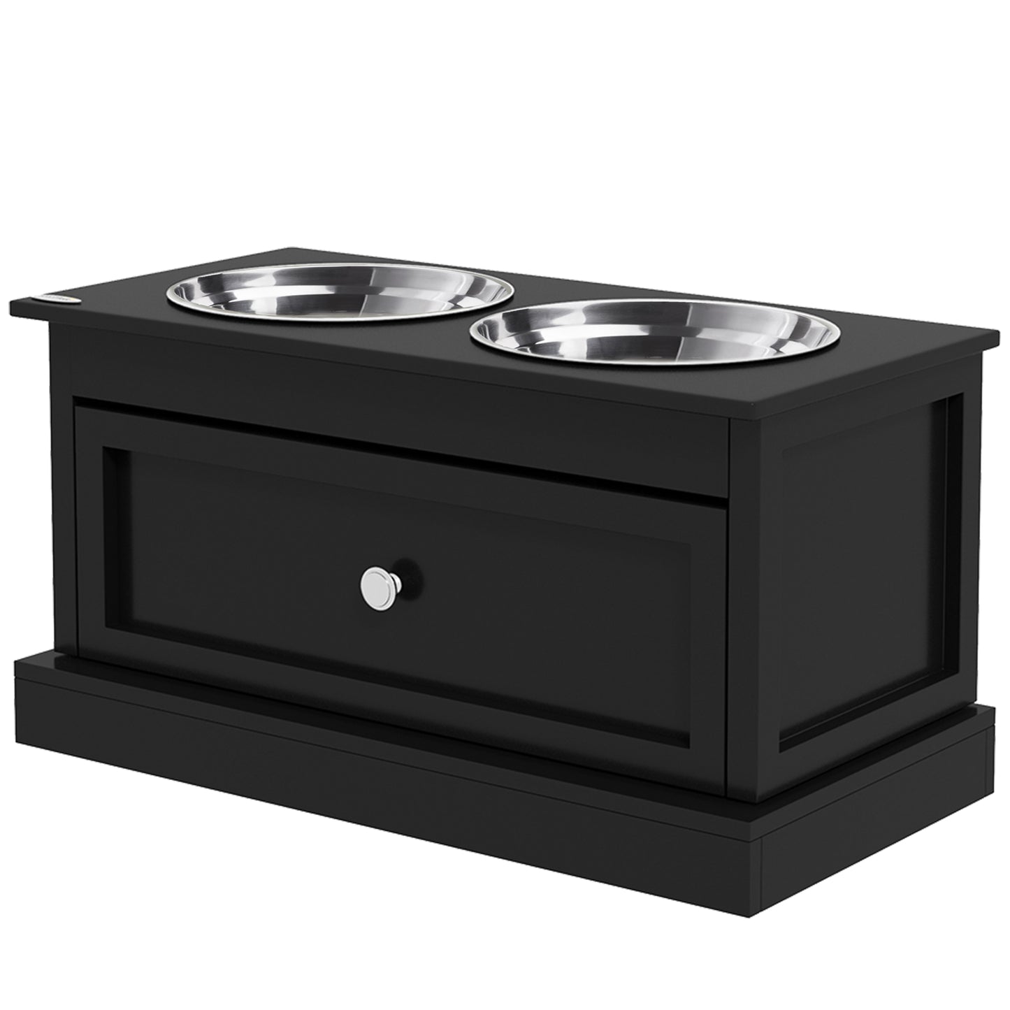 Elegant black wood elevated dog feeder with two stainless steel bowls and storage drawer