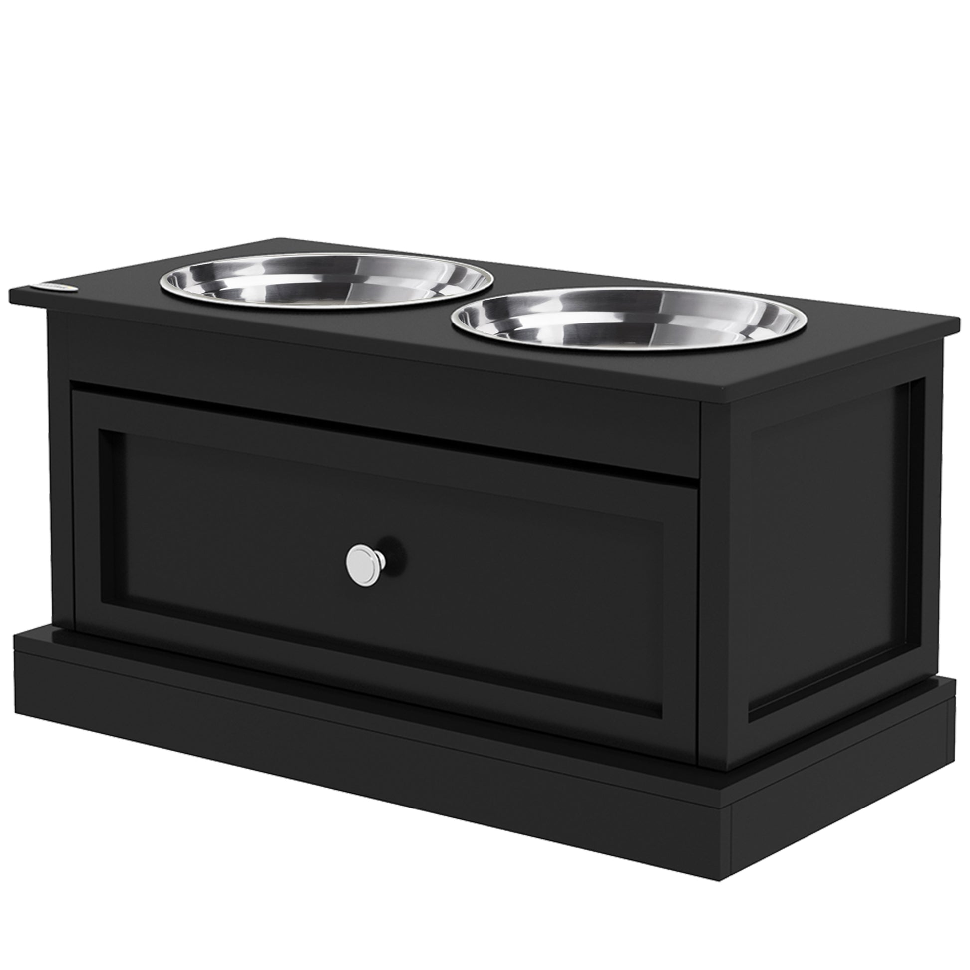 Elegant black wood elevated dog feeder with two stainless steel bowls and storage drawer