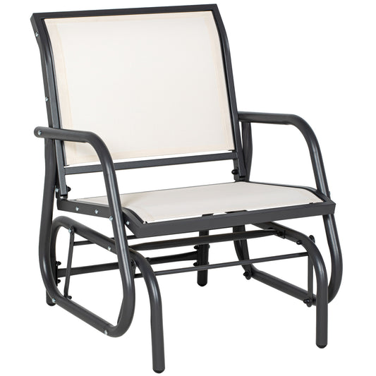 Modern outdoor glider chair with durable metal frame and offwhite fabric seat and back