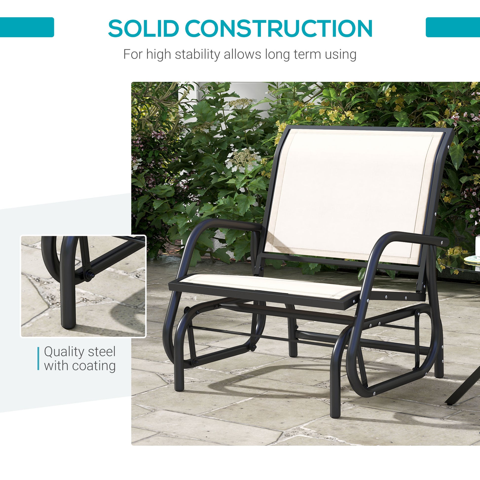 Black metal outdoor glider chair with cream fabric cushions on paved patio