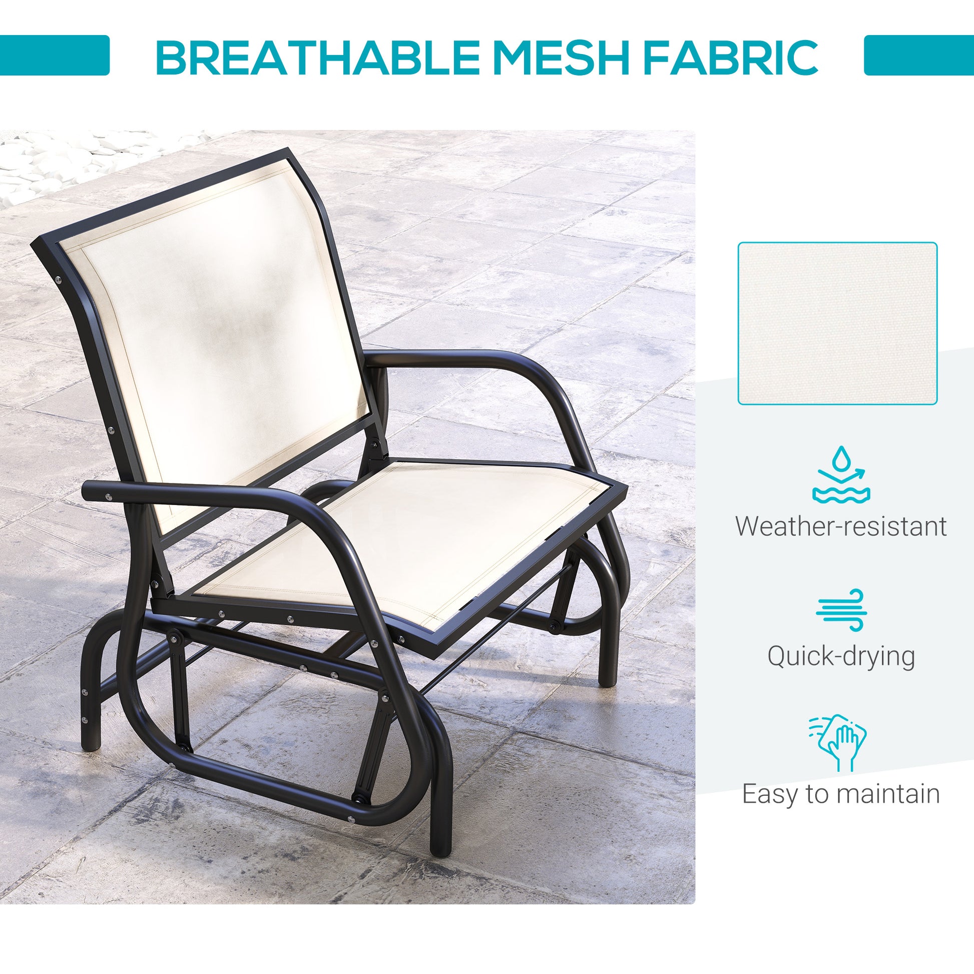 Black metal frame patio glider chair with cream mesh fabric seat and back