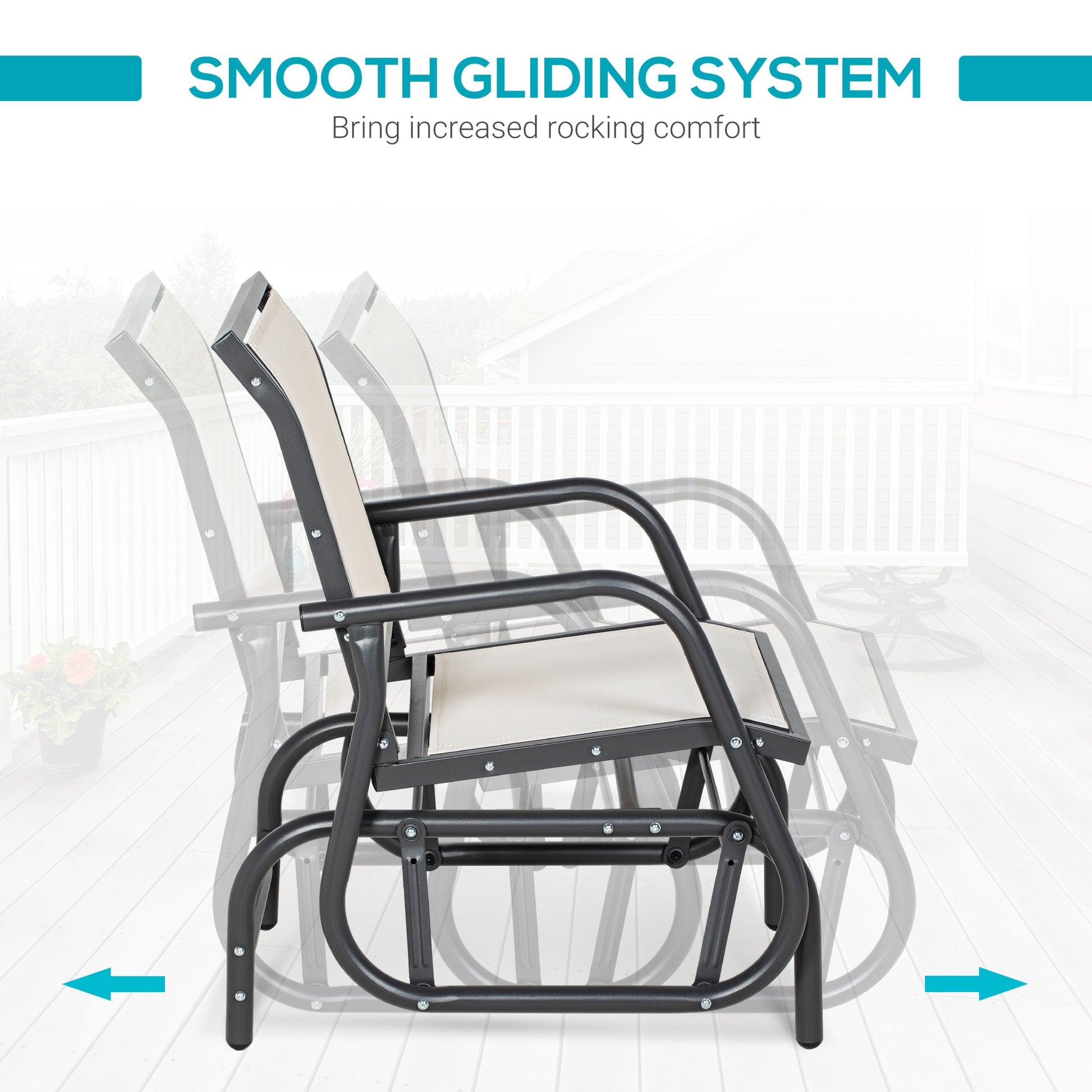 Tan fabric patio glider with dark metal frame showing smooth gliding action