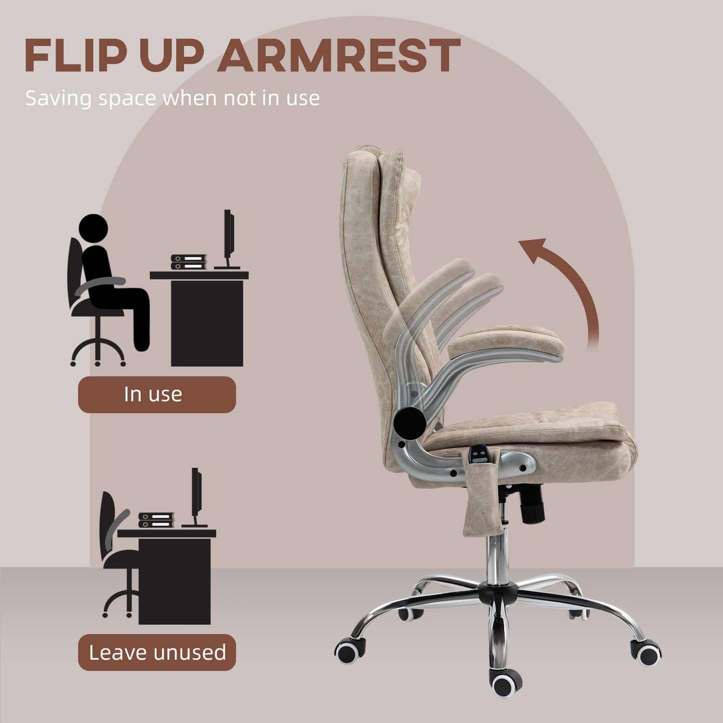 Office chair with flipup armrests in beige distressed faux leather for spacesaving convenience