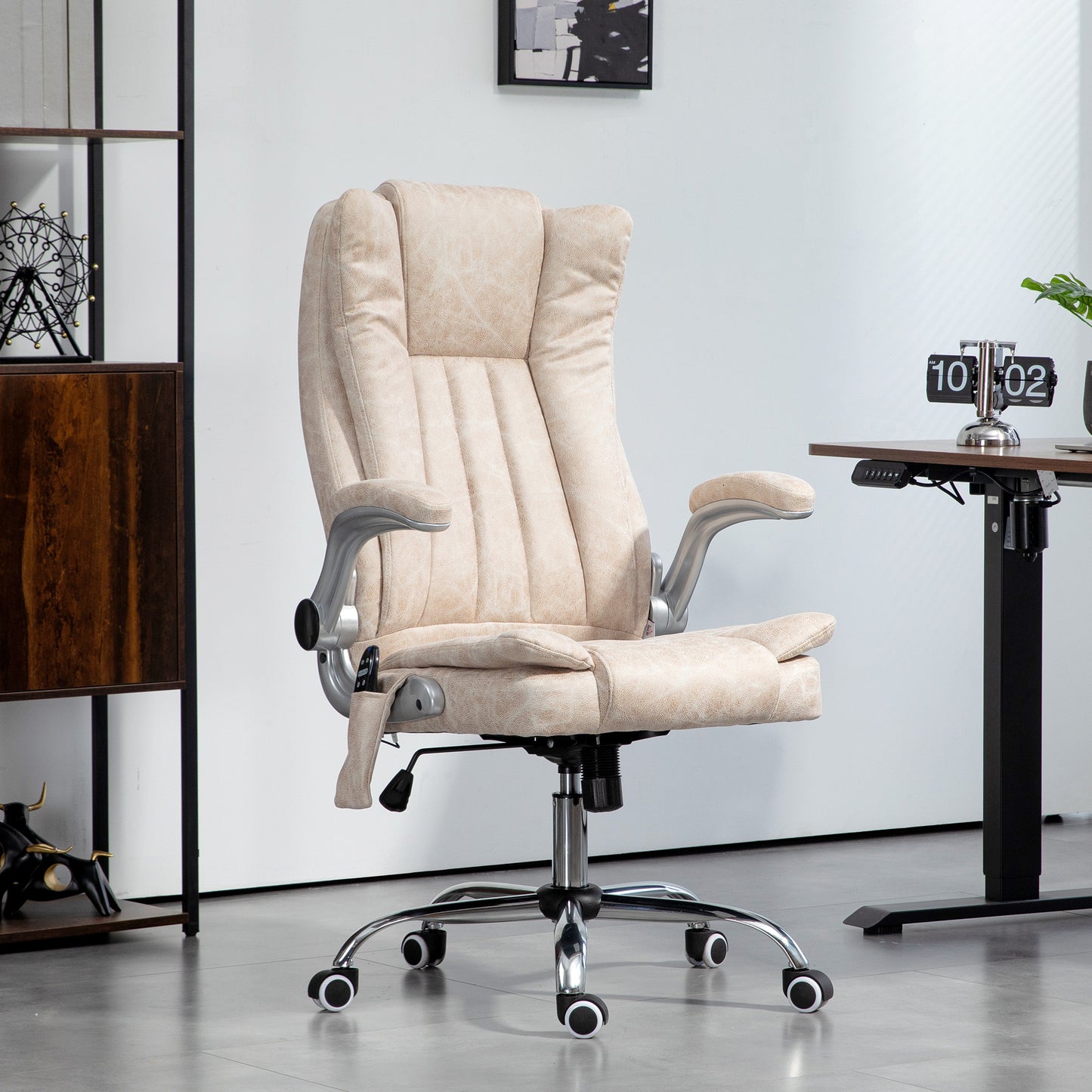 Beige upholstered executive office chair with padded armrests and high back