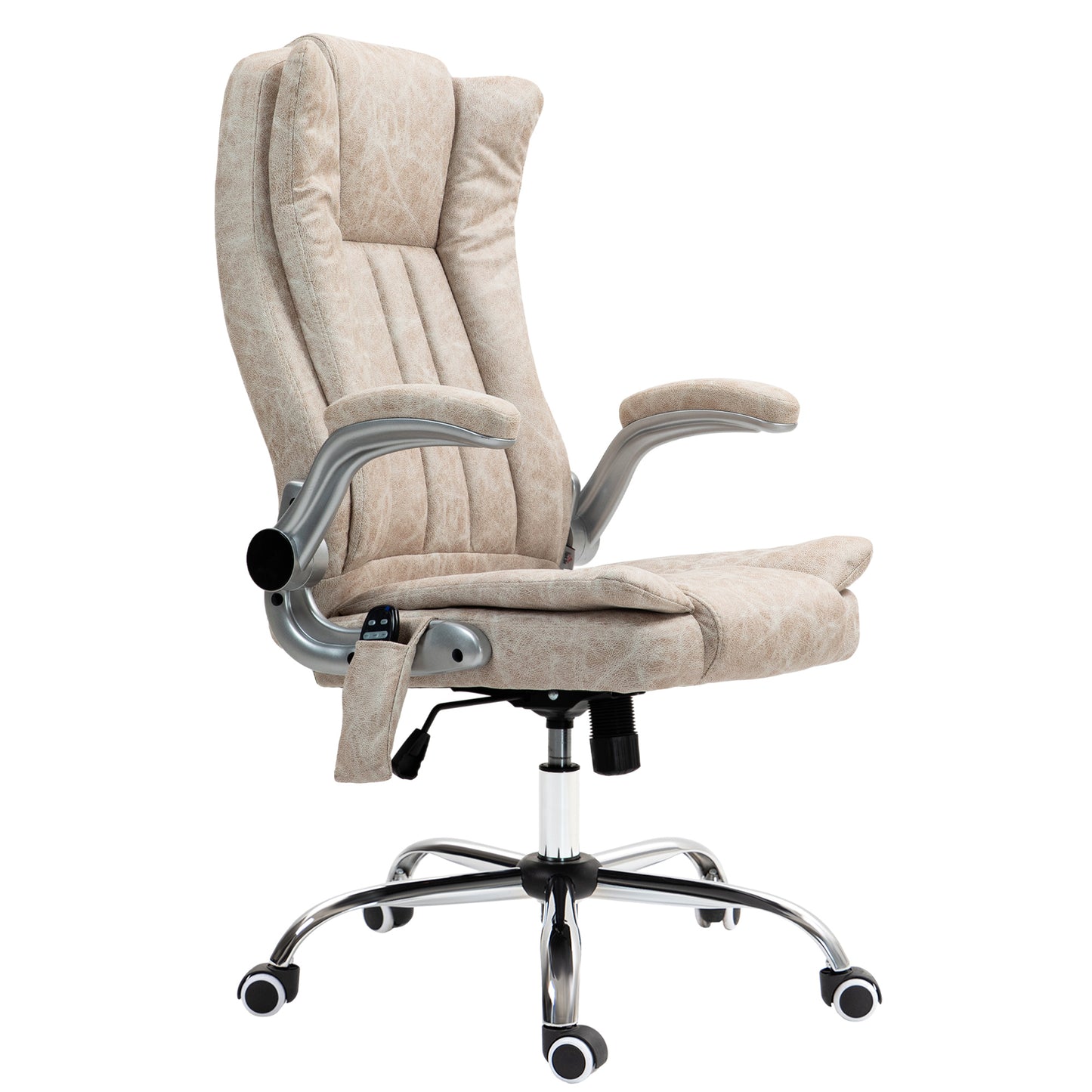 Comfortable beige upholstered ergonomic office chair with silver accents and adjustable armrests