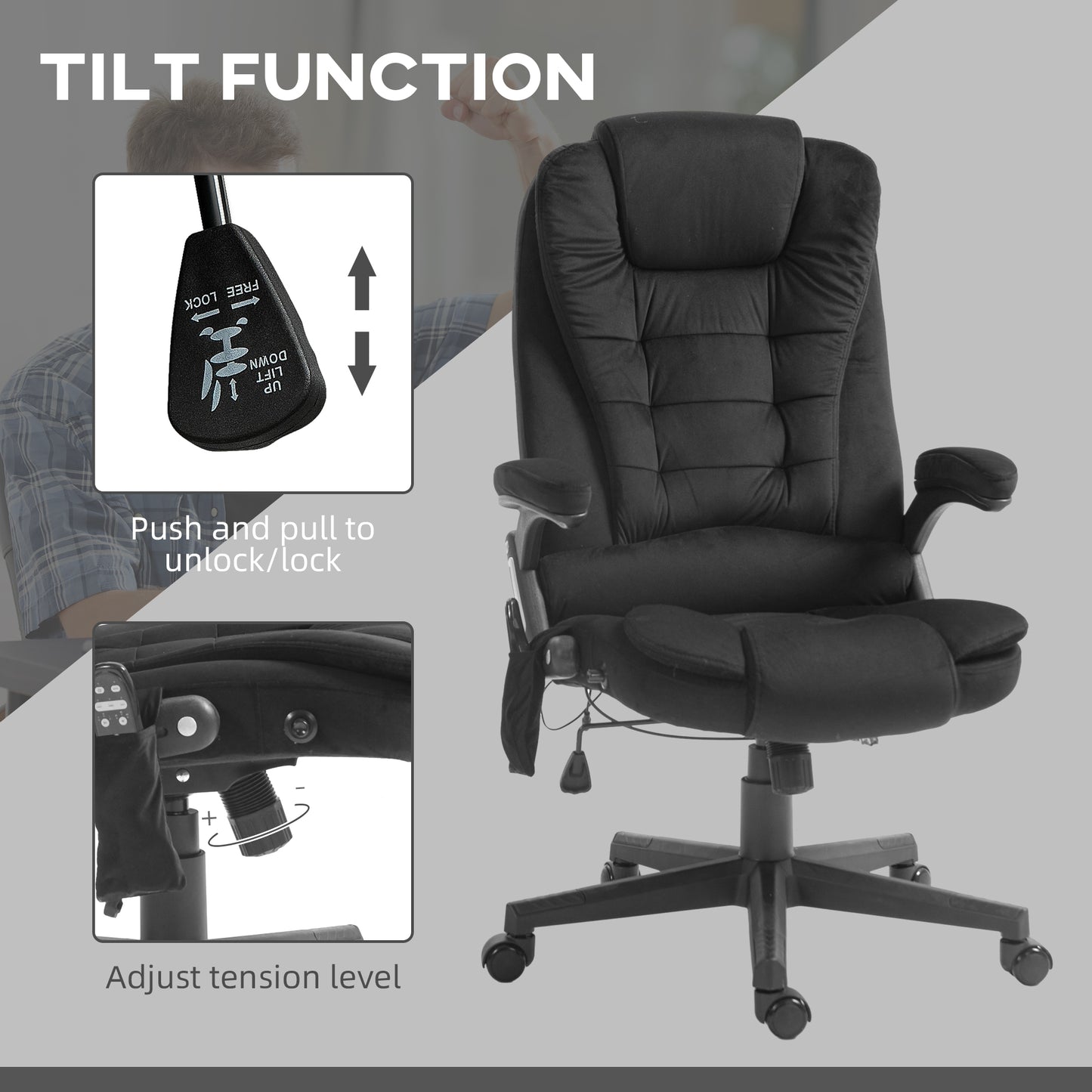 Black ergonomic office chair with plush padding and adjustable tilt function