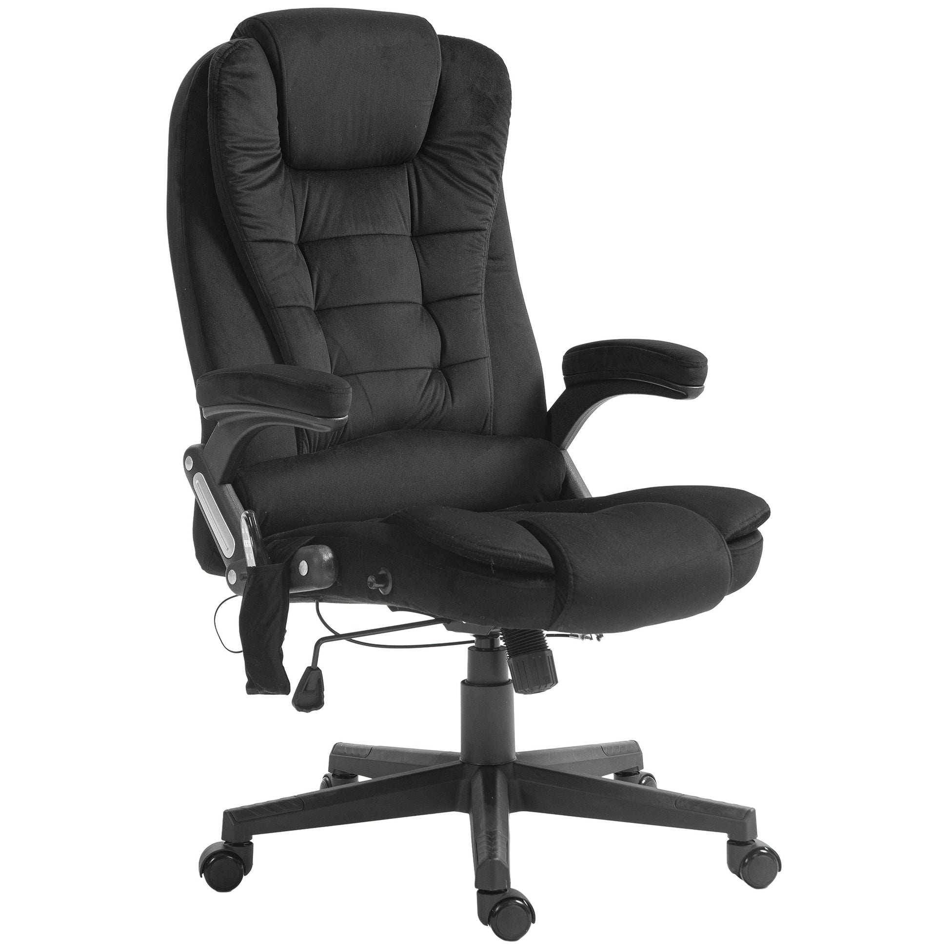 Plush black executive office chair with adjustable lumbar support and padded headrest