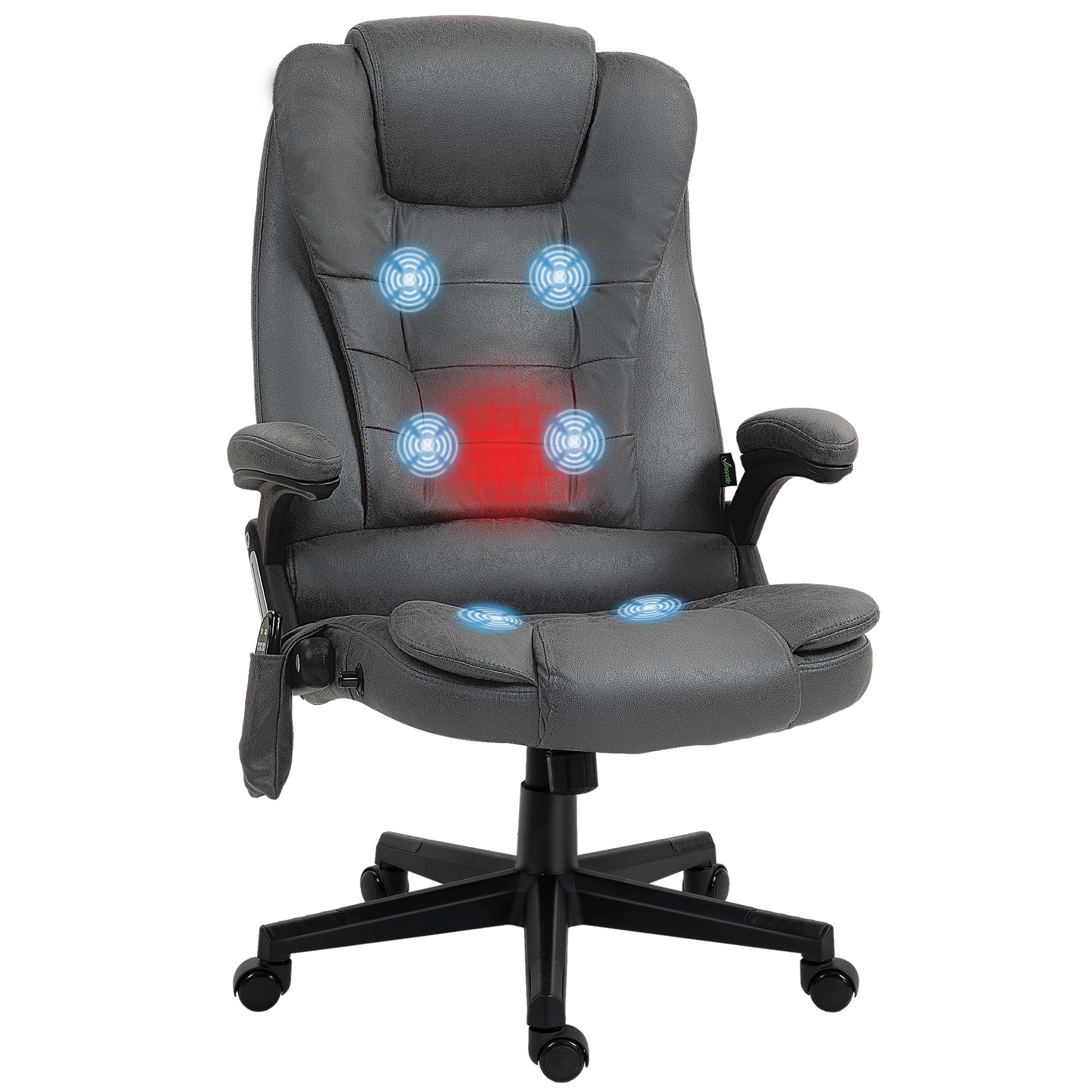 Gray executive office chair with integrated lumbar massage faux leather upholstery and swivel base