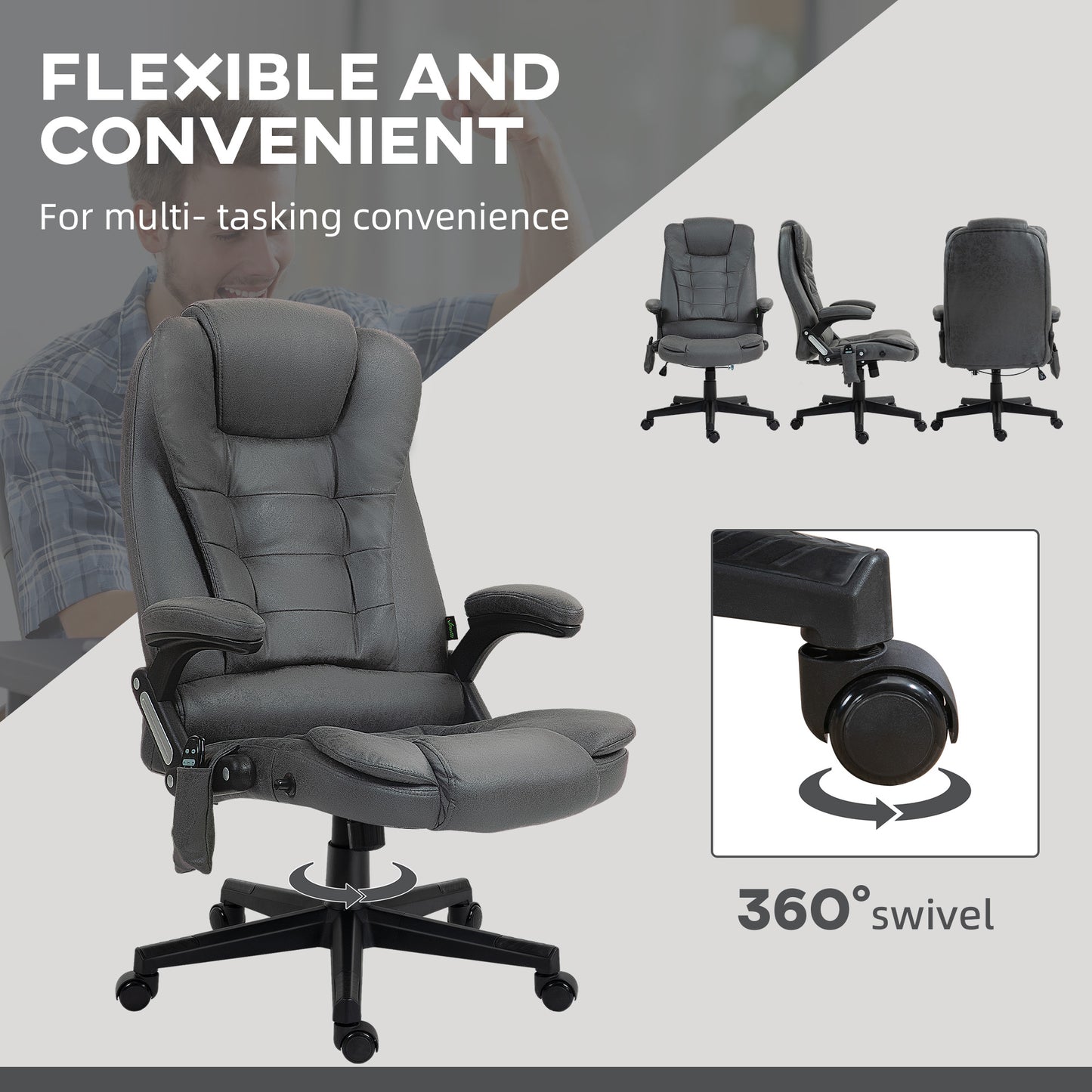 Dark grey executive chair with lumbar support plush cushioning and adjustable armrests for office use