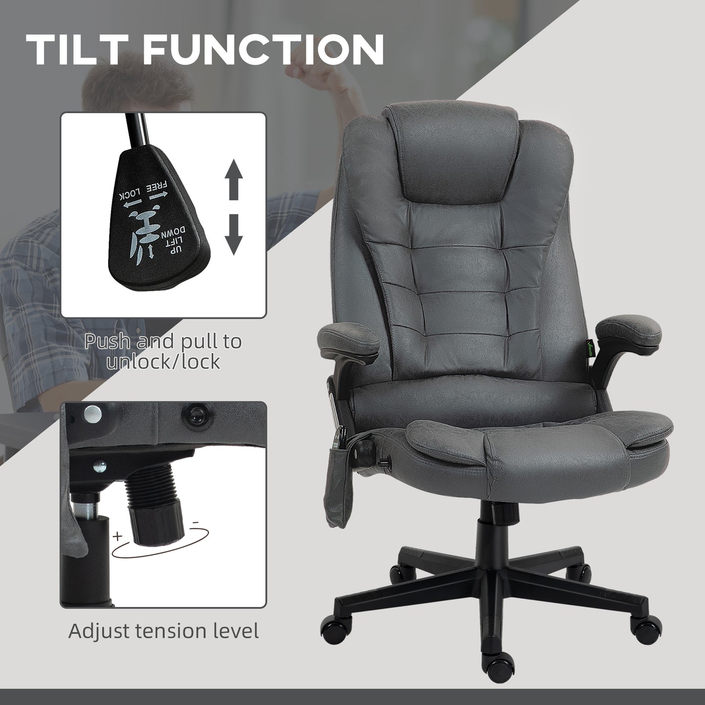 Dark gray executive office chair with tilt function lever shown close up