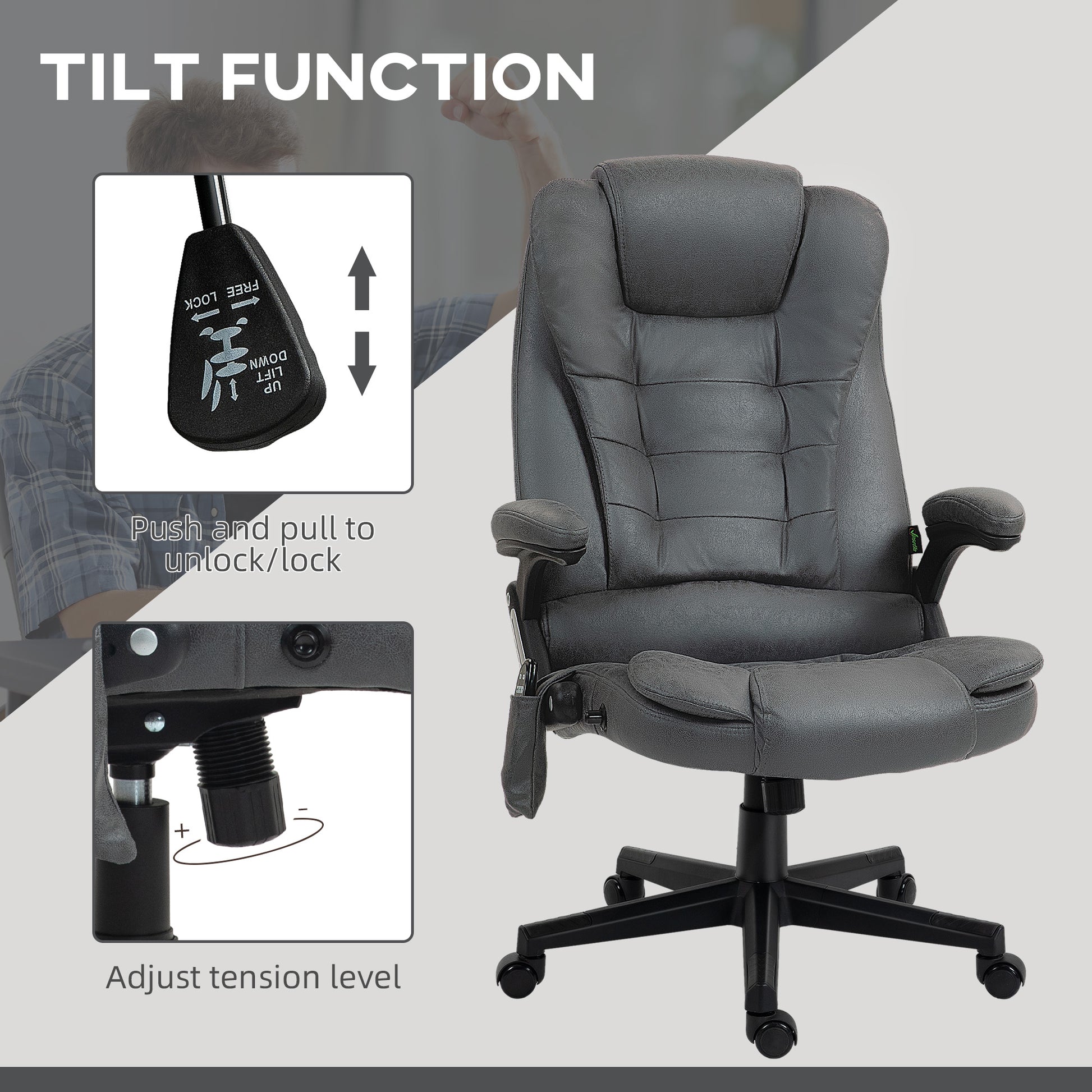 Dark gray executive office chair with tilt function lever shown close up