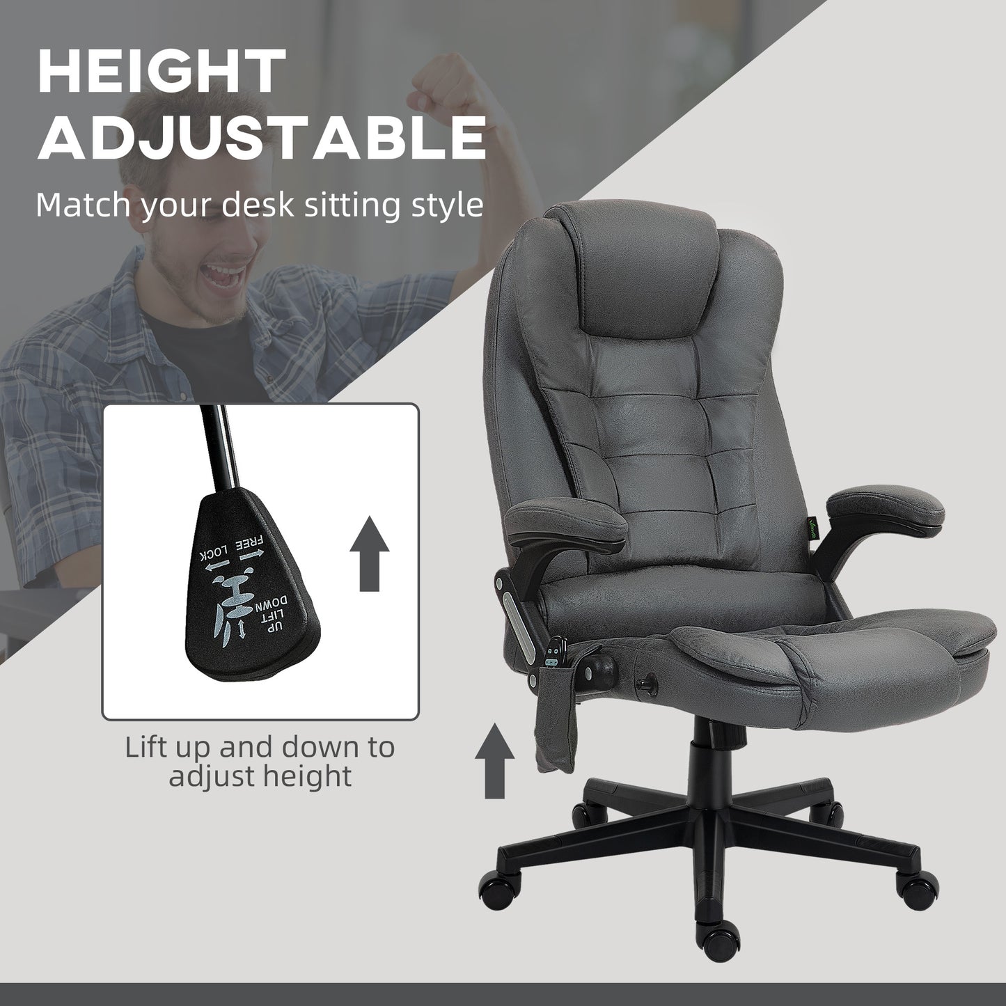 Gray executive chair with height adjustment lever shown in detail