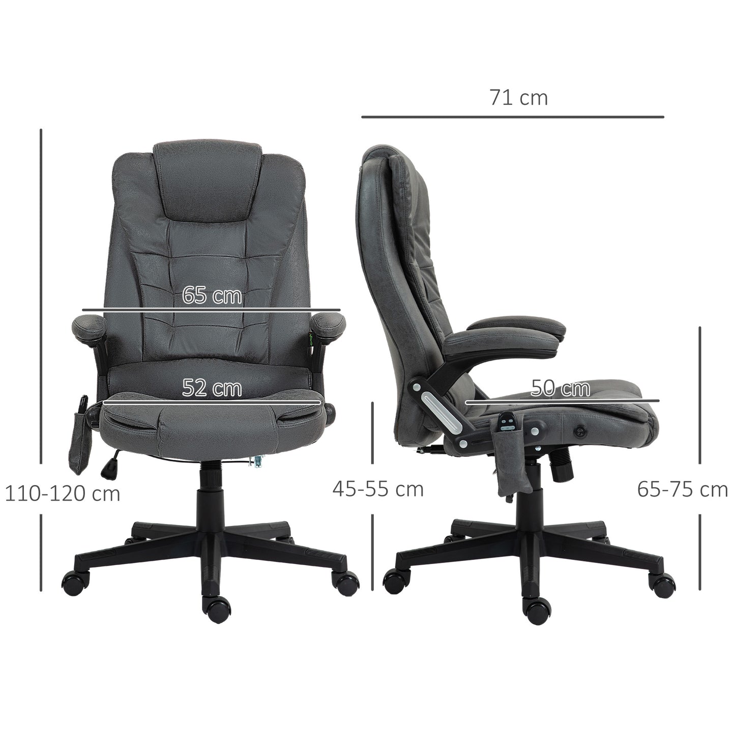 Gray executive chair with padded seat and back dimensions shown