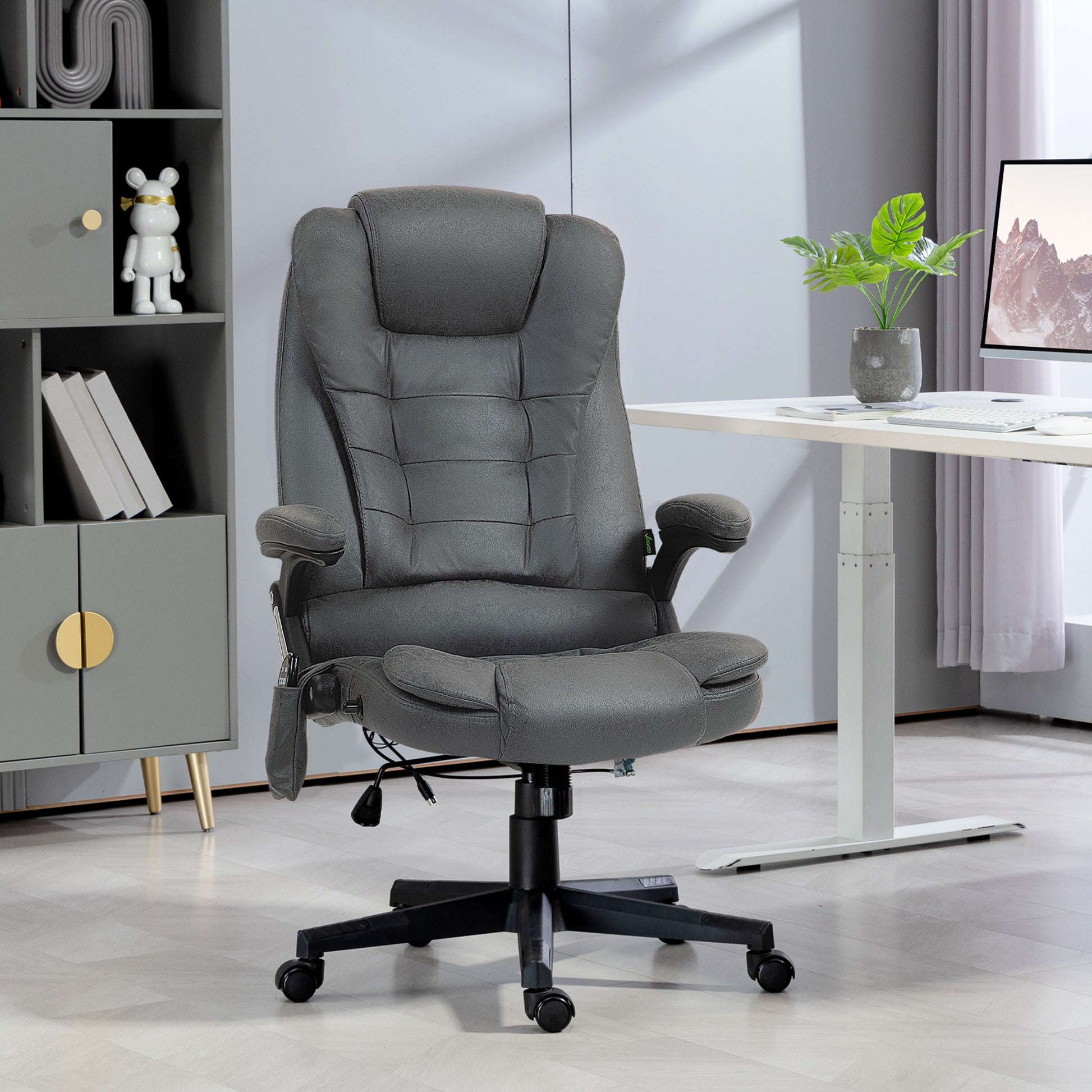 Executive Massage Office Chair in charcoal faux leather with lumbar support and footrest