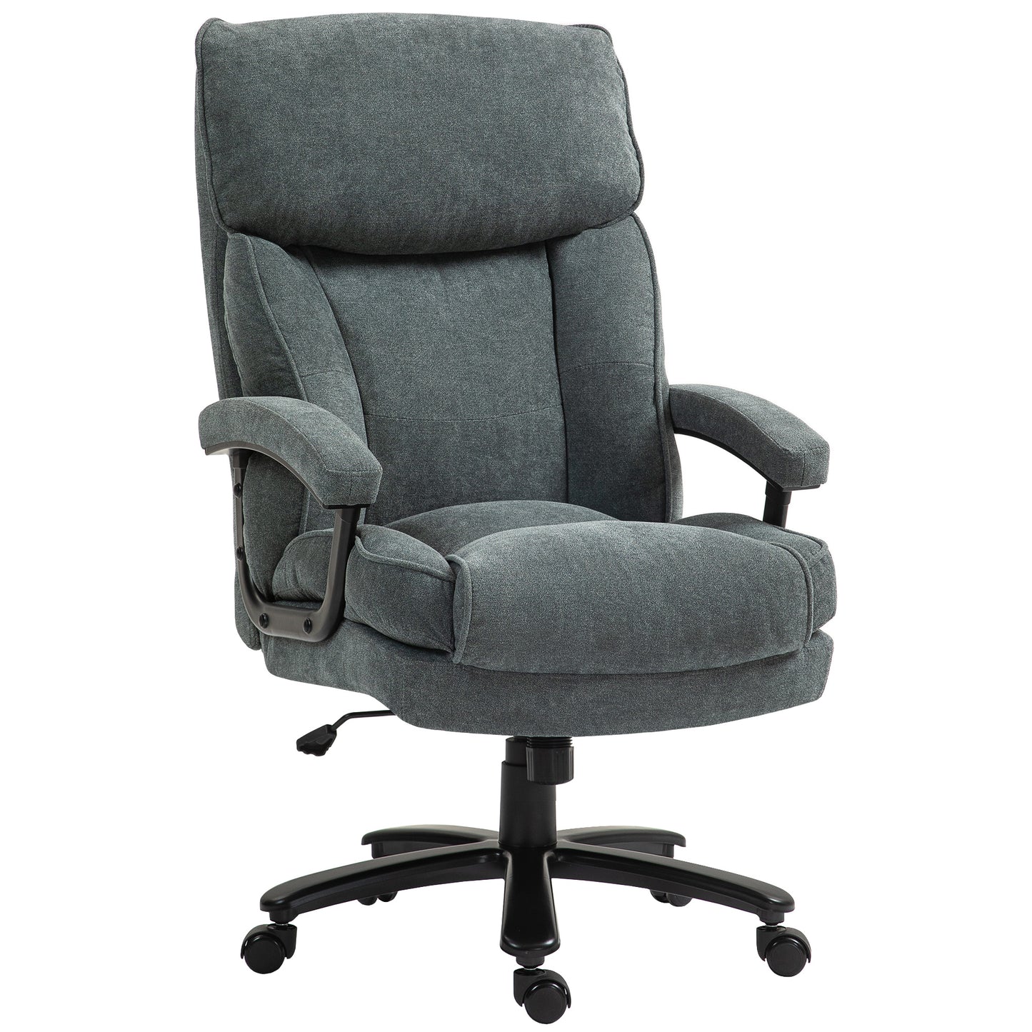 Gray fabric executive office chair with padded headrest and armrests
